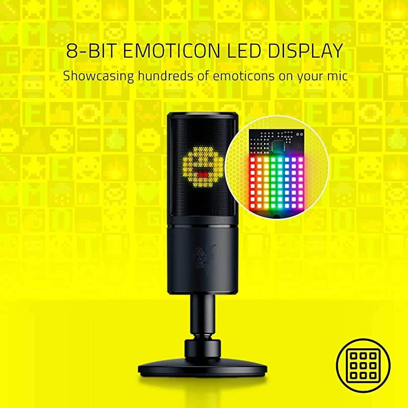 Seiren Emote Streaming Microphone: 8-bit Emoticon LED Display, Stream Reactive Emoticons, Hypercardioid Condenser Mic, Built-in Shock Mount, Height & Angle Adjustable Stand, Classic Black