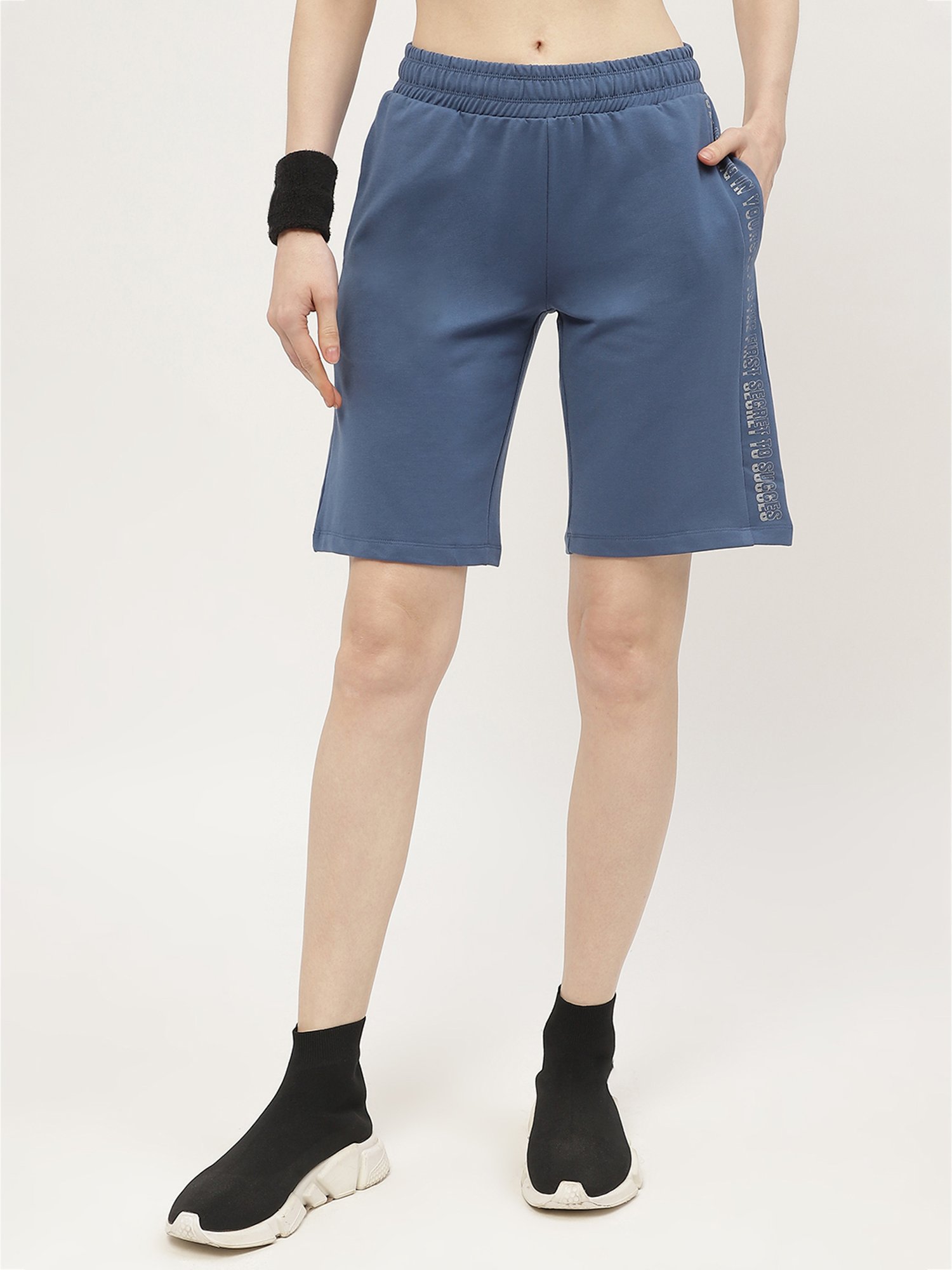MADAME M Secret Blue Cotton Relaxed Fit Shorts