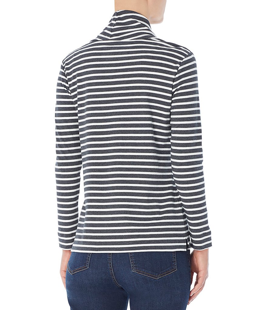 Jones New York Cotton Knit Jersey Horizontal Stripe Print Cowl Neck Long Sleeve Top