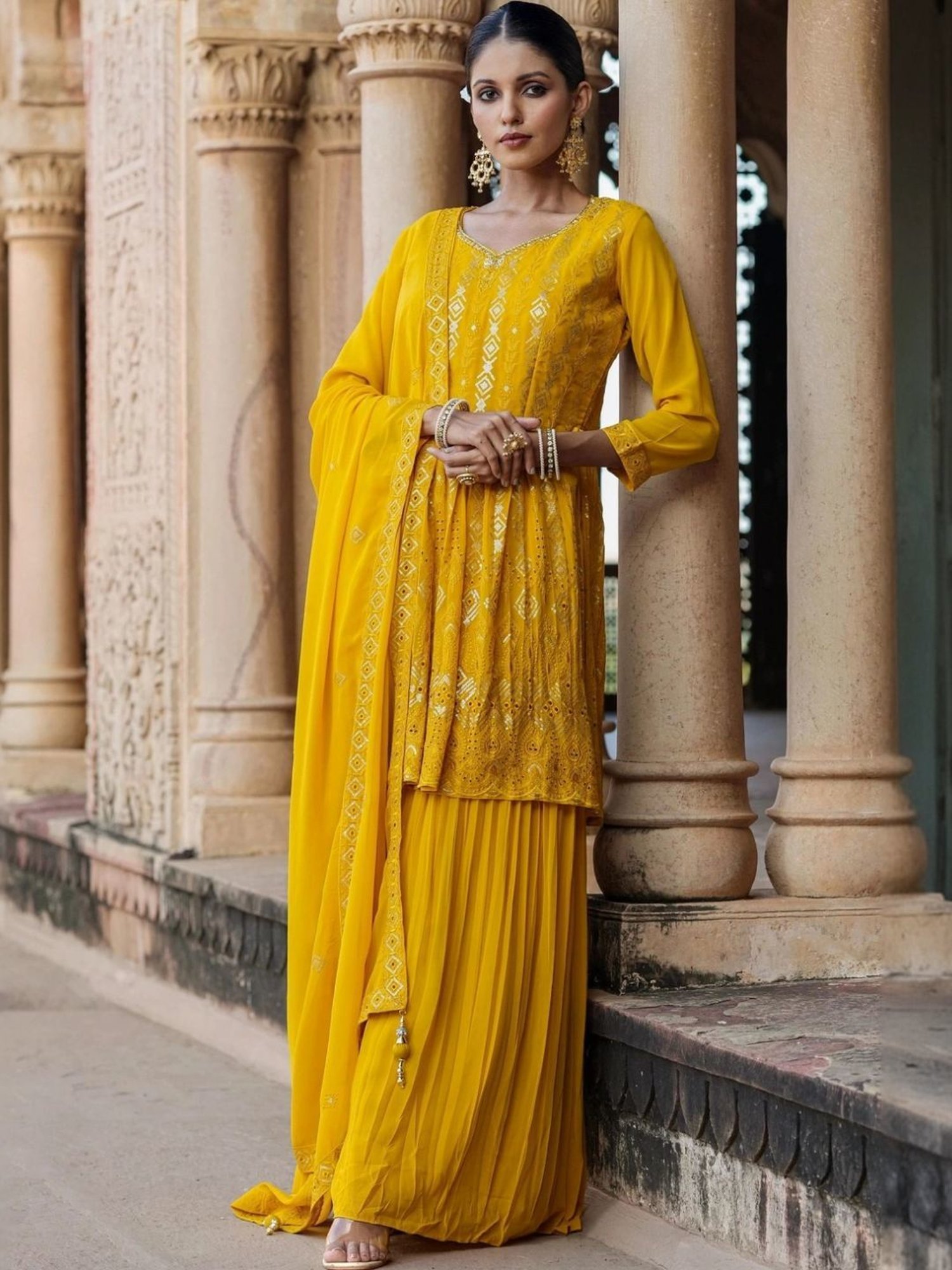 Scakhi Mustard Georgette Sequin Embroidered Suit Set Tunic With Palazzo And Dupatta
