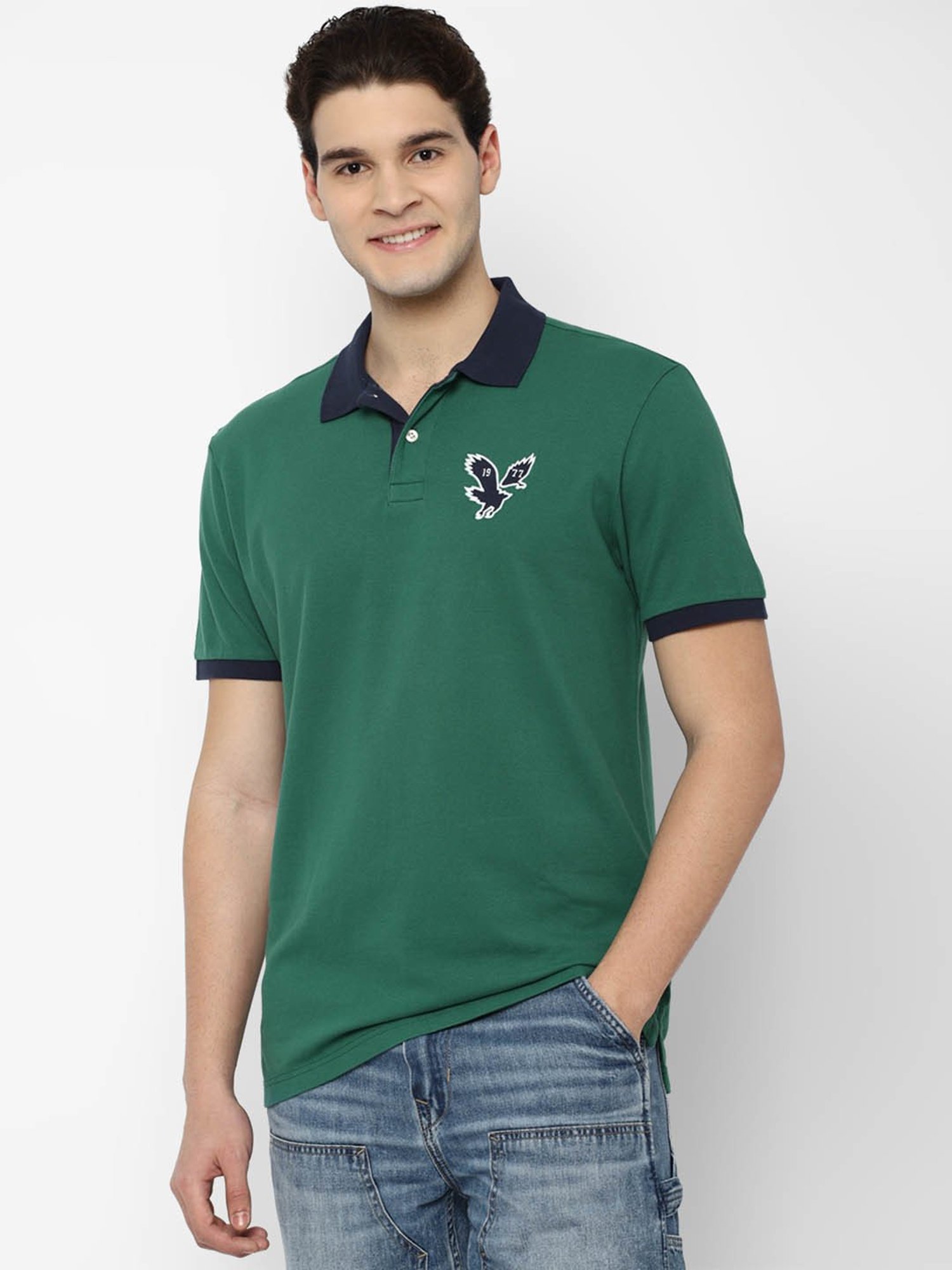 American Eagle Outfitters Green Cotton Regular Fit Colour Block Polo T-Shirt