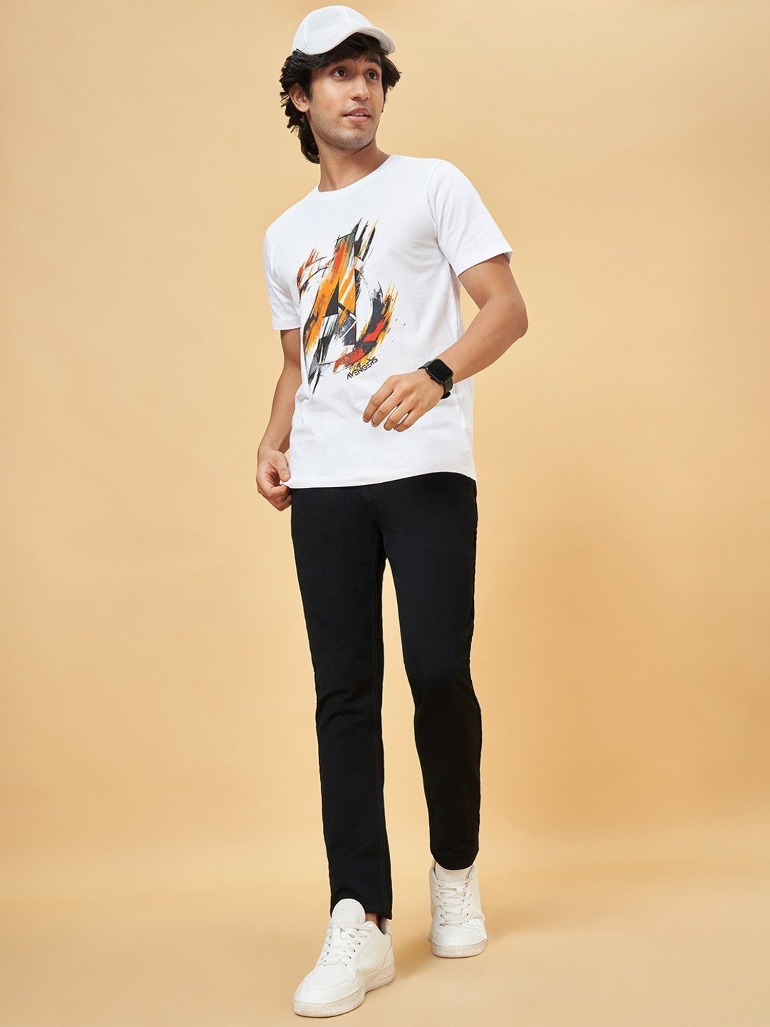 Sf Jeans By Pantaloons Bright White Cotton Slim Fit Printed T-Shirt