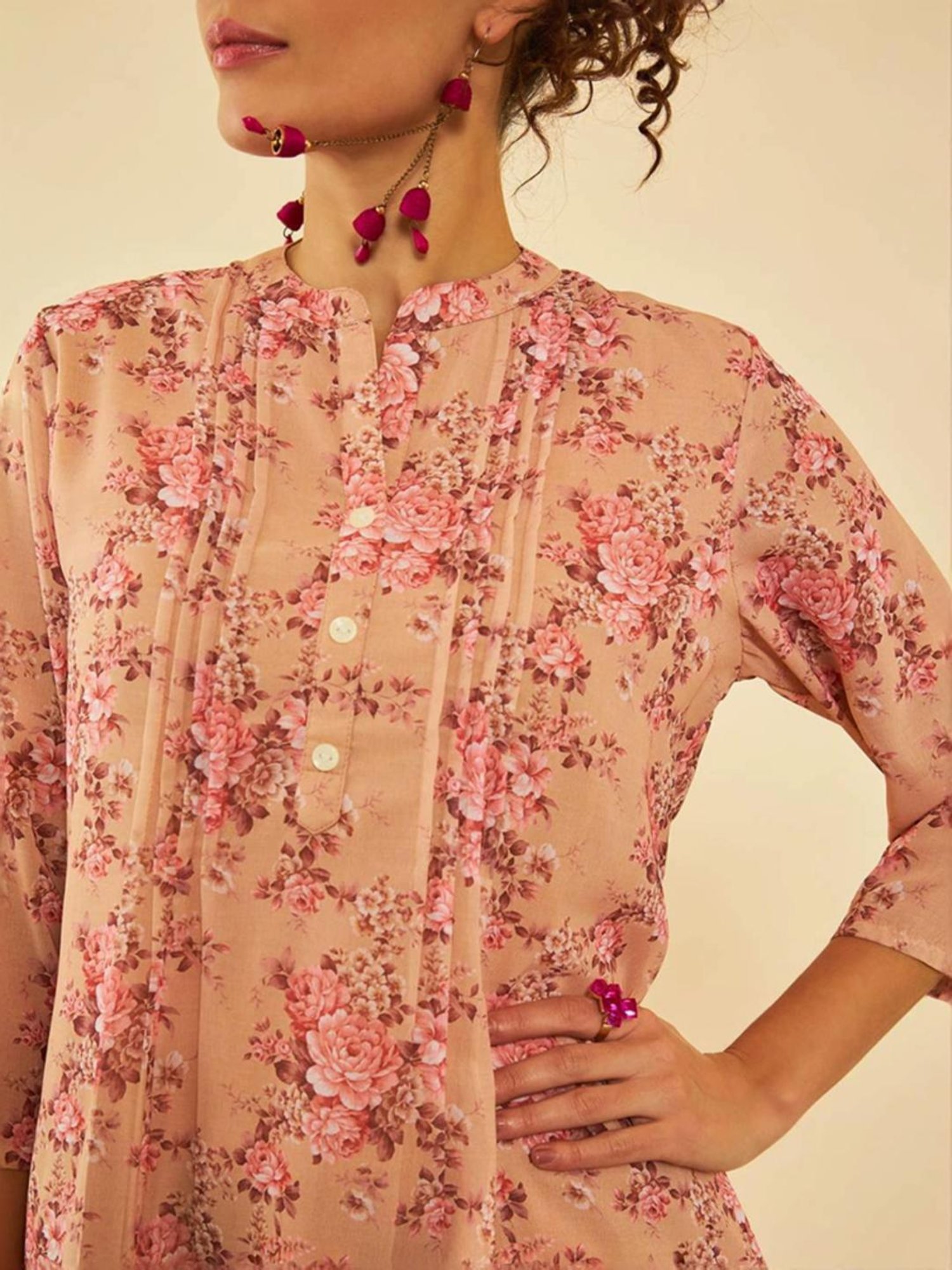 Soch Beige Georgette Floral Printed Mandarin Collar A-Line Tunic