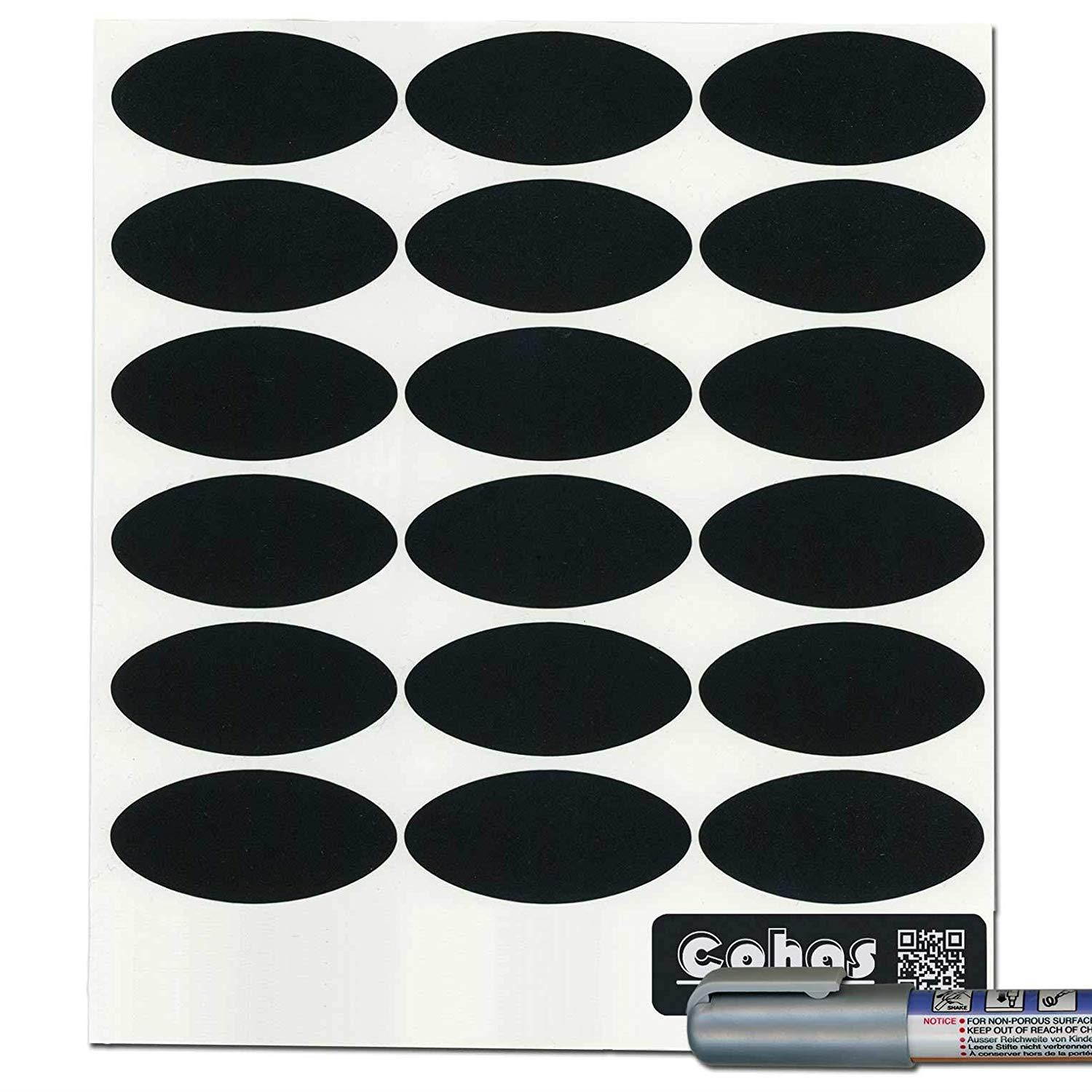 Cohas Chalkboard Labels in Oval Shape for 8 and 12 Ounce Quilted Crystal Jelly Jars includes Liquid Chalk Marker and 54 Labels, Fine Tip, Silver Marker