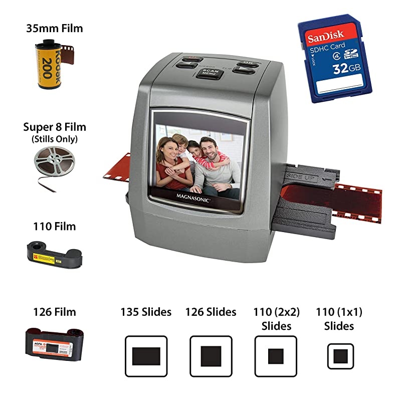 All-in-One High Resolution 22MP Film Scanner, Vibrant 2.4" LCD Screen, Converts 126KPK/135/110/super 8 Film, Slides & Negatives into Digital Photos, with Bonus 32GB SD Card (FS50)