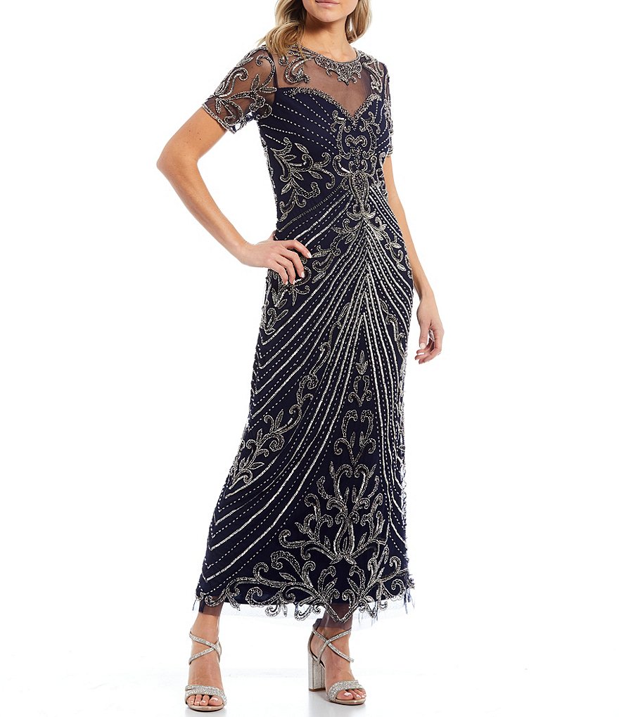 Pisarro Nights Long Beaded Illusion Neck Short Sleeve Gown