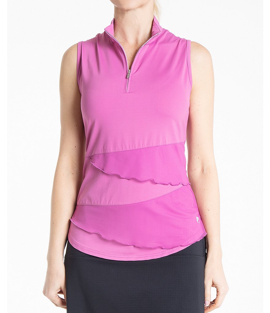 Bette & Court Synergy Sleeveless Quarter Zip Solid Polo Top