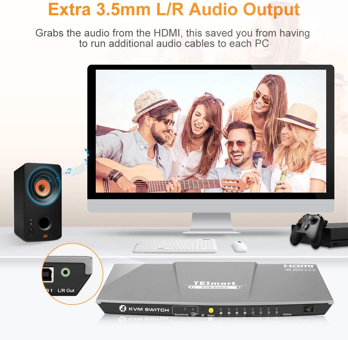 TESmart HDMI KVM Switch 4 ports 4 in 1 out  , support 4k 3840*2160@60Hz 4:4:4  Support HDR 10 and Dolby Vision ,Complaint with HDCP 2.2, With USB2.0 and audio output ports