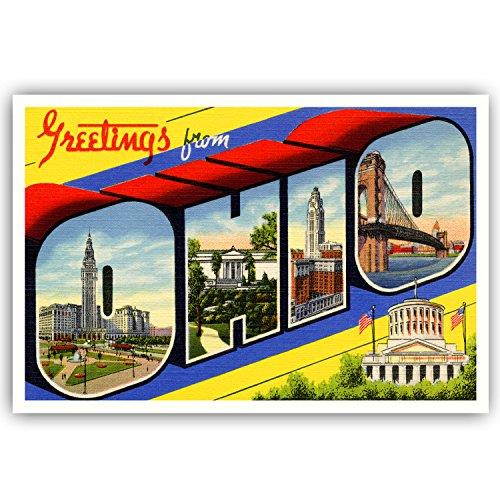 GREETINGS FROM OHIO vintage reprint postcard set of 20 identical postcards. Large letter US state name post card pack (ca. 1930's-1940's). Made in USA.