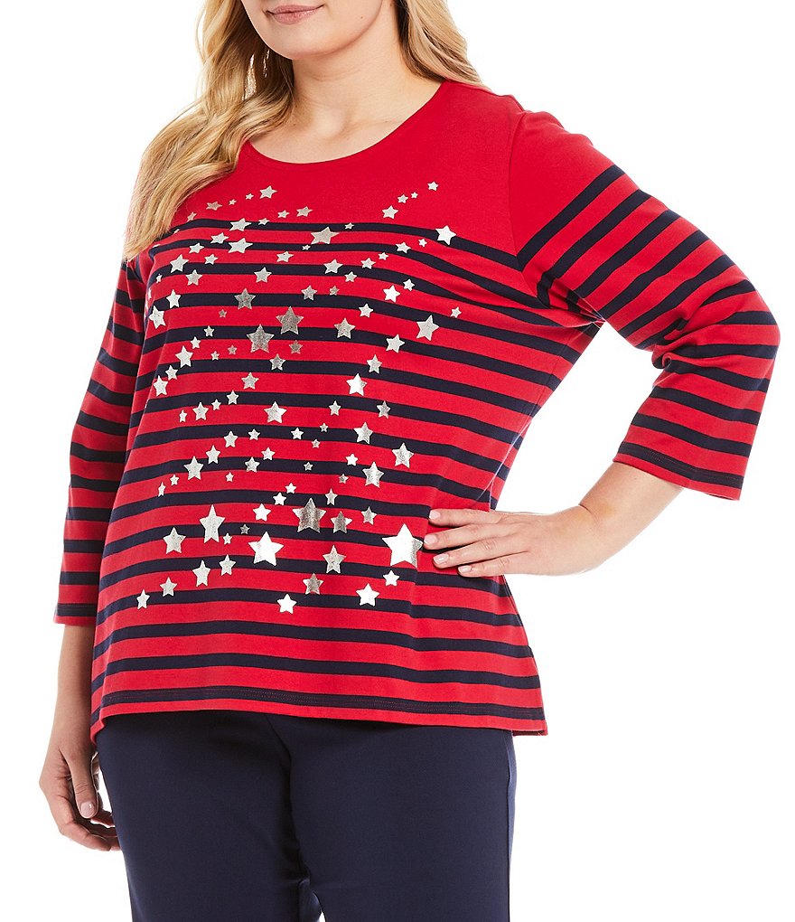 Allison Daley Plus Size Stripe Print 3/4 Sleeve Round Neck Top