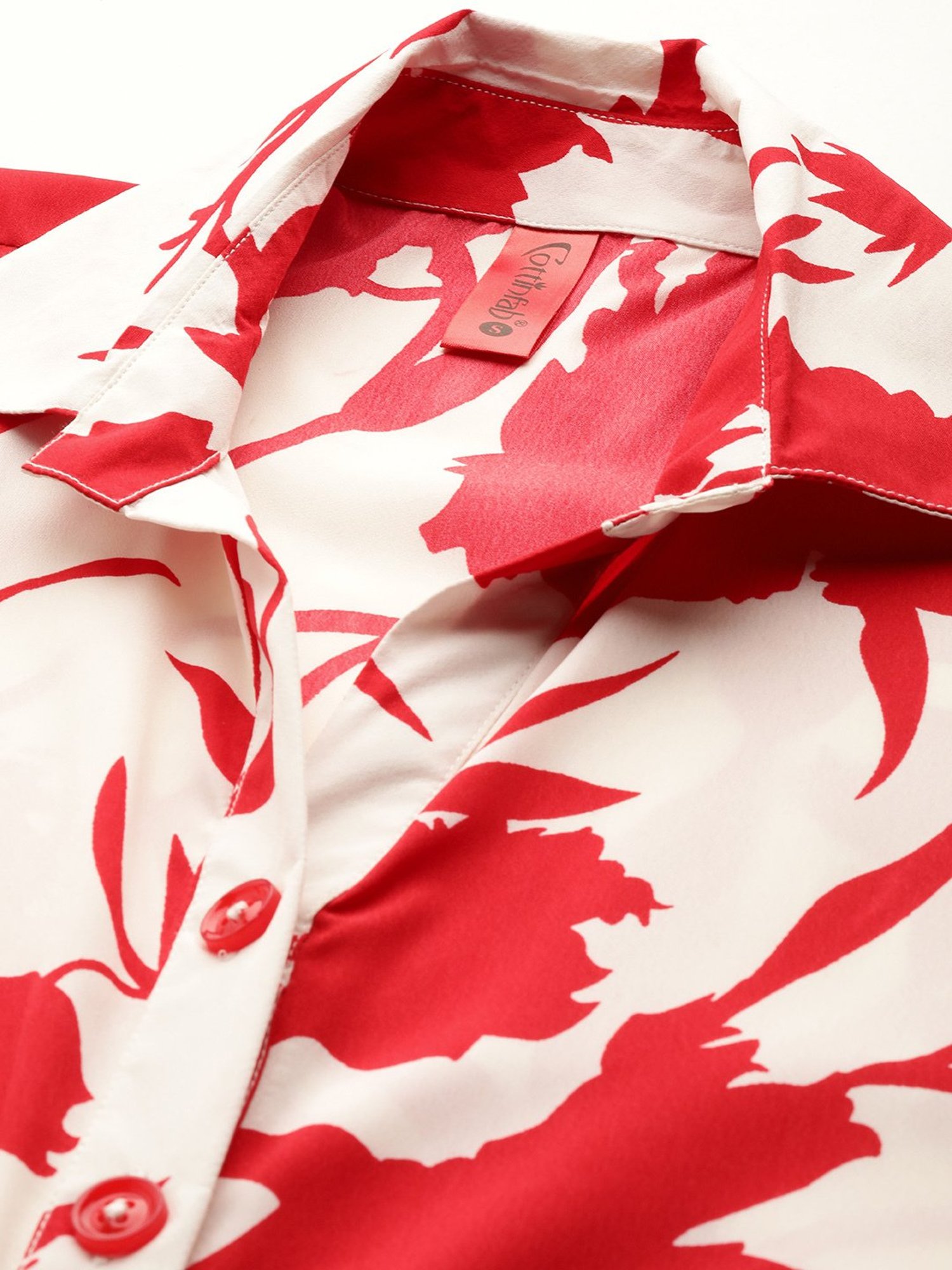 Cottinfab White & Red Floral Print Shirt Dress