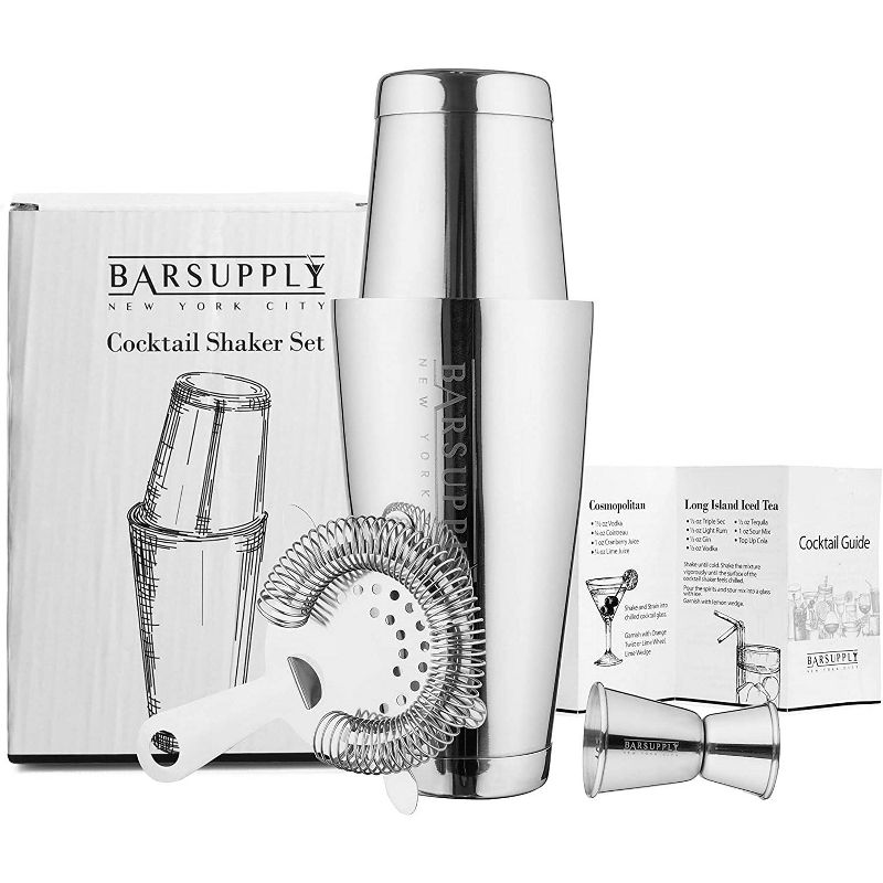 Boston Cocktail Professional  Shaker Set, 4-Piece Bar Set, Stainless Steel 304, 28oz/18oz Weighted Shaker Tins, Hawthorne Strainer, Double Sided Jigger, Recipe Booklet, Bartender Kit - Silver