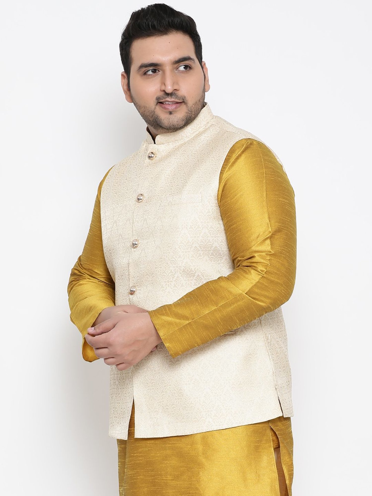 KISAH PLUS Beige Regular Fit Jacquard Nehru Jacket