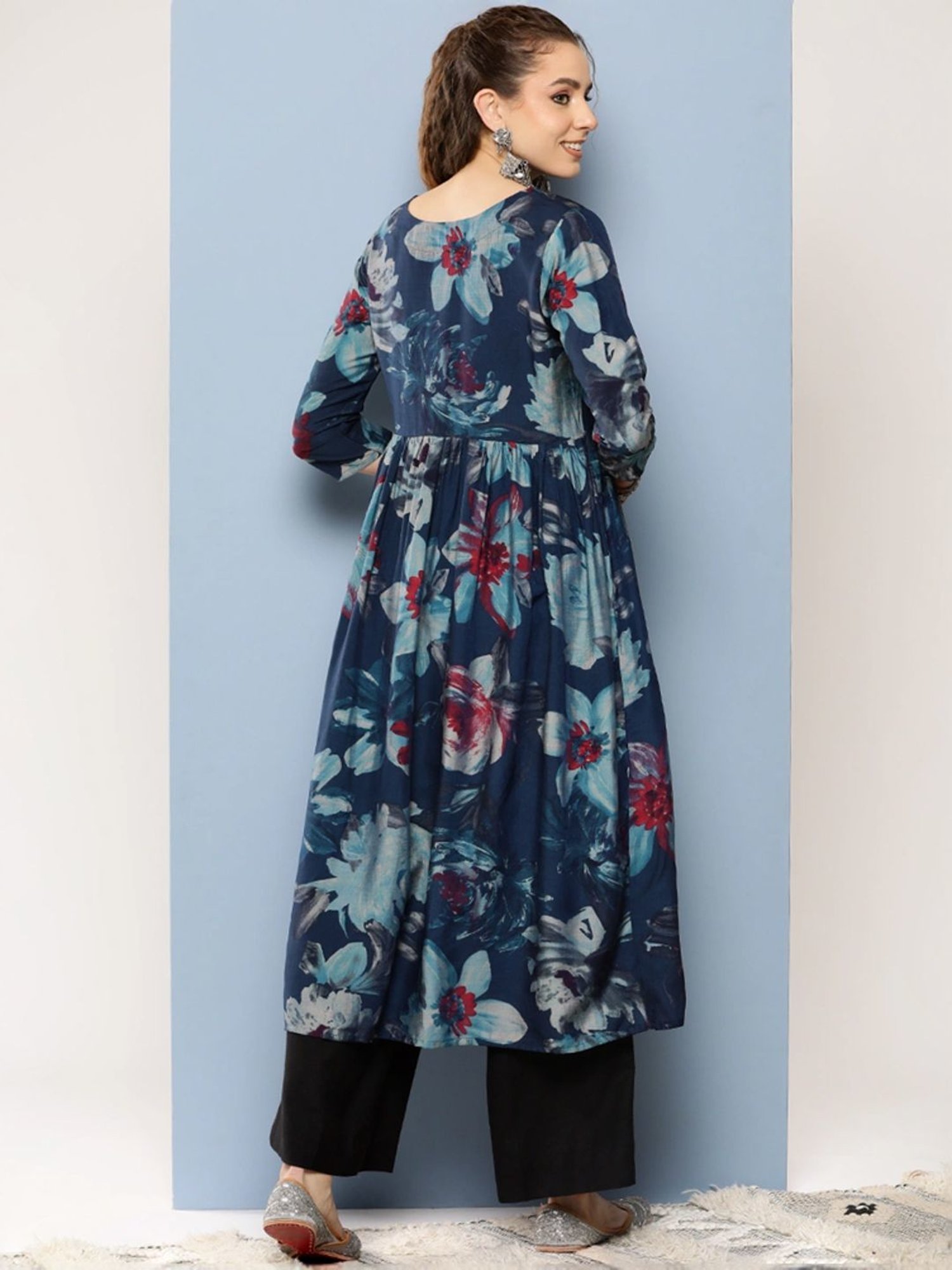 Aarika Blue Floral Print A Line Kurta