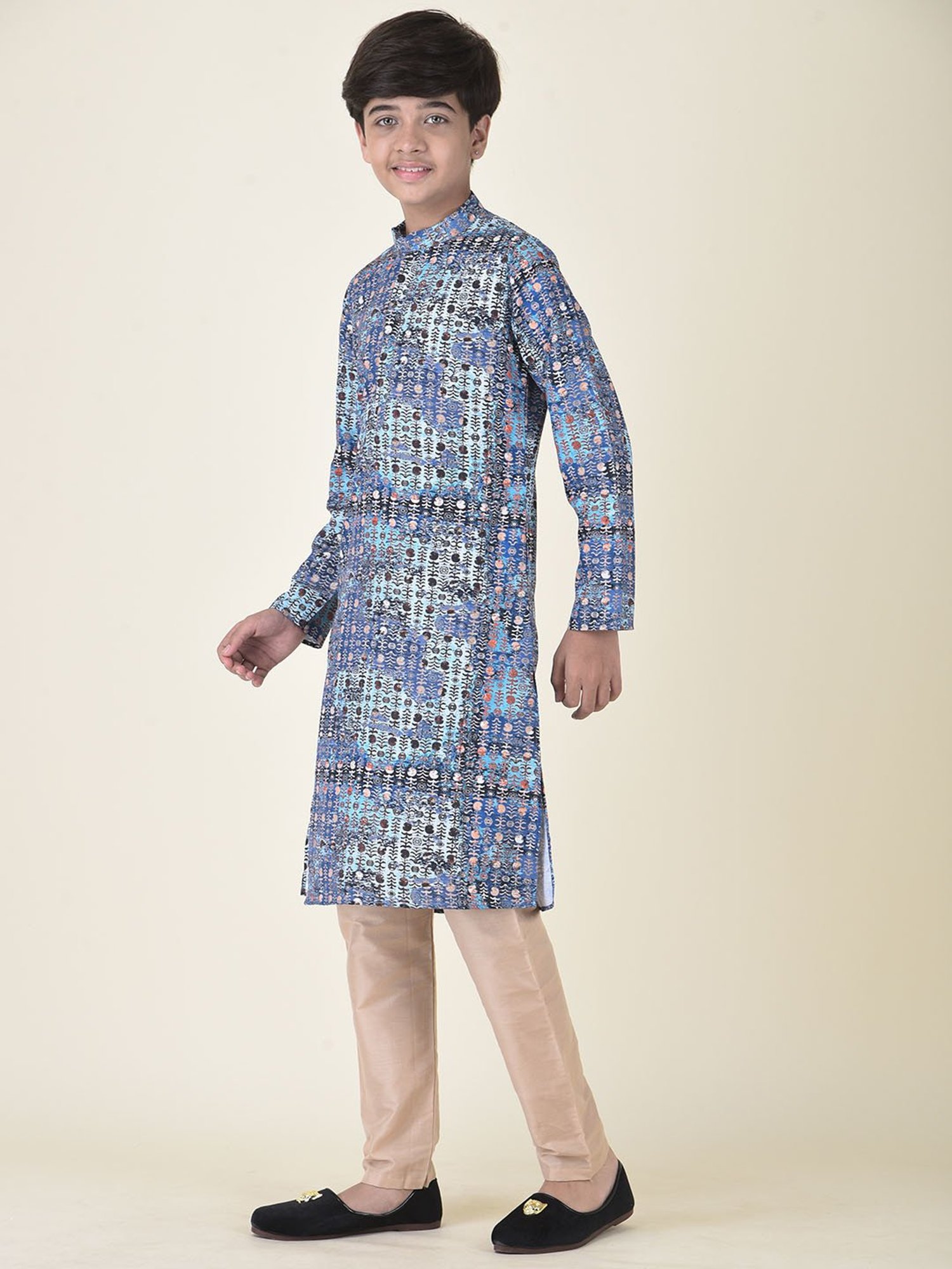TABARD Kids Blue & Beige Printed Kurta + Pyjamas