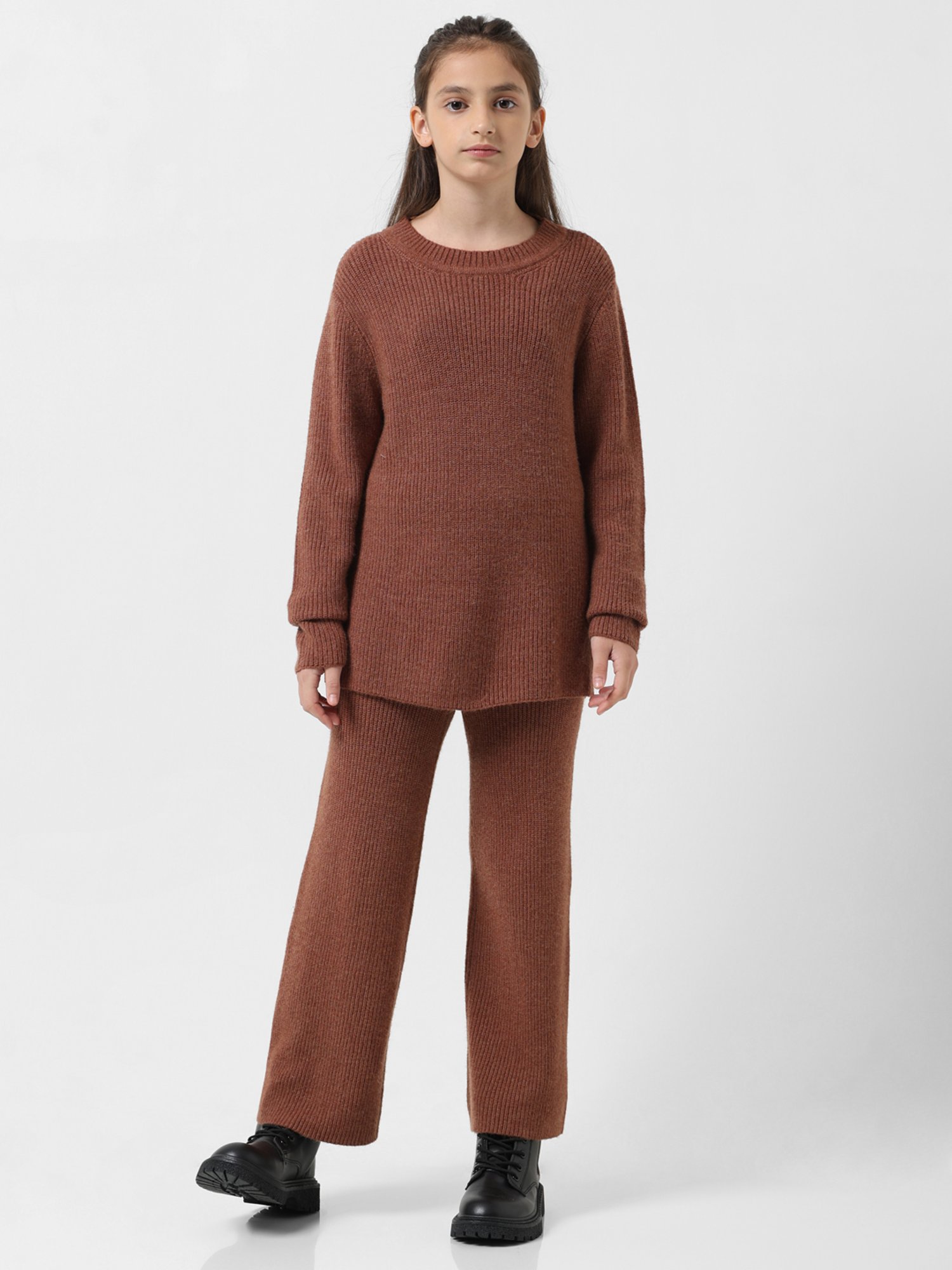 VERO MODA GIRL Brown Solid Full Sleeves Sweater