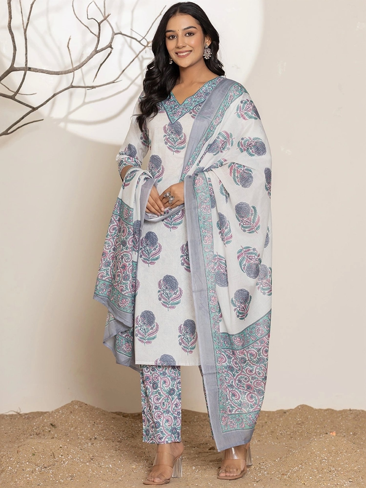 Yufta Blue & White Cotton Printed Kurta Pant Set With Dupatta