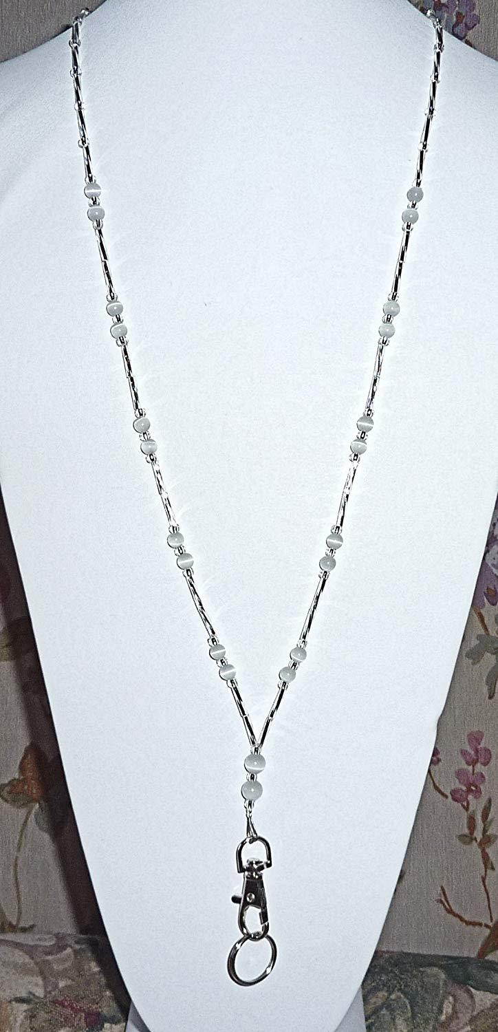 Hidden Hollow Beads, Simple Black, Women's Fashion Beaded Lanyard Necklace, 34", Key and ID Badge Holder (White - Non Breakaway (Stronger))