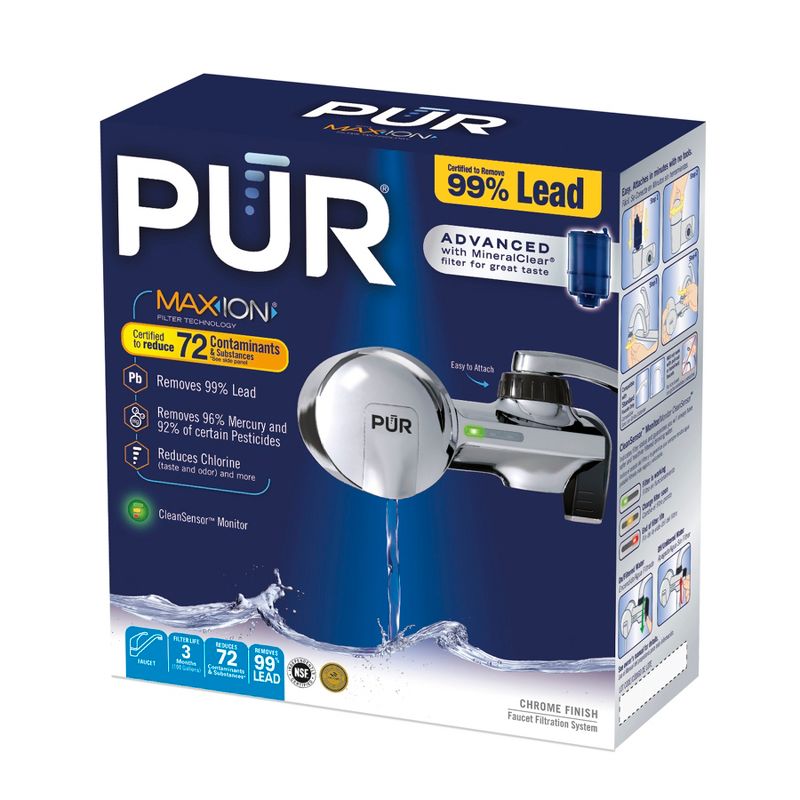 PUR PLUS Chemical & Physical Horizontal Faucet Mount Water Filtration System -Chrome