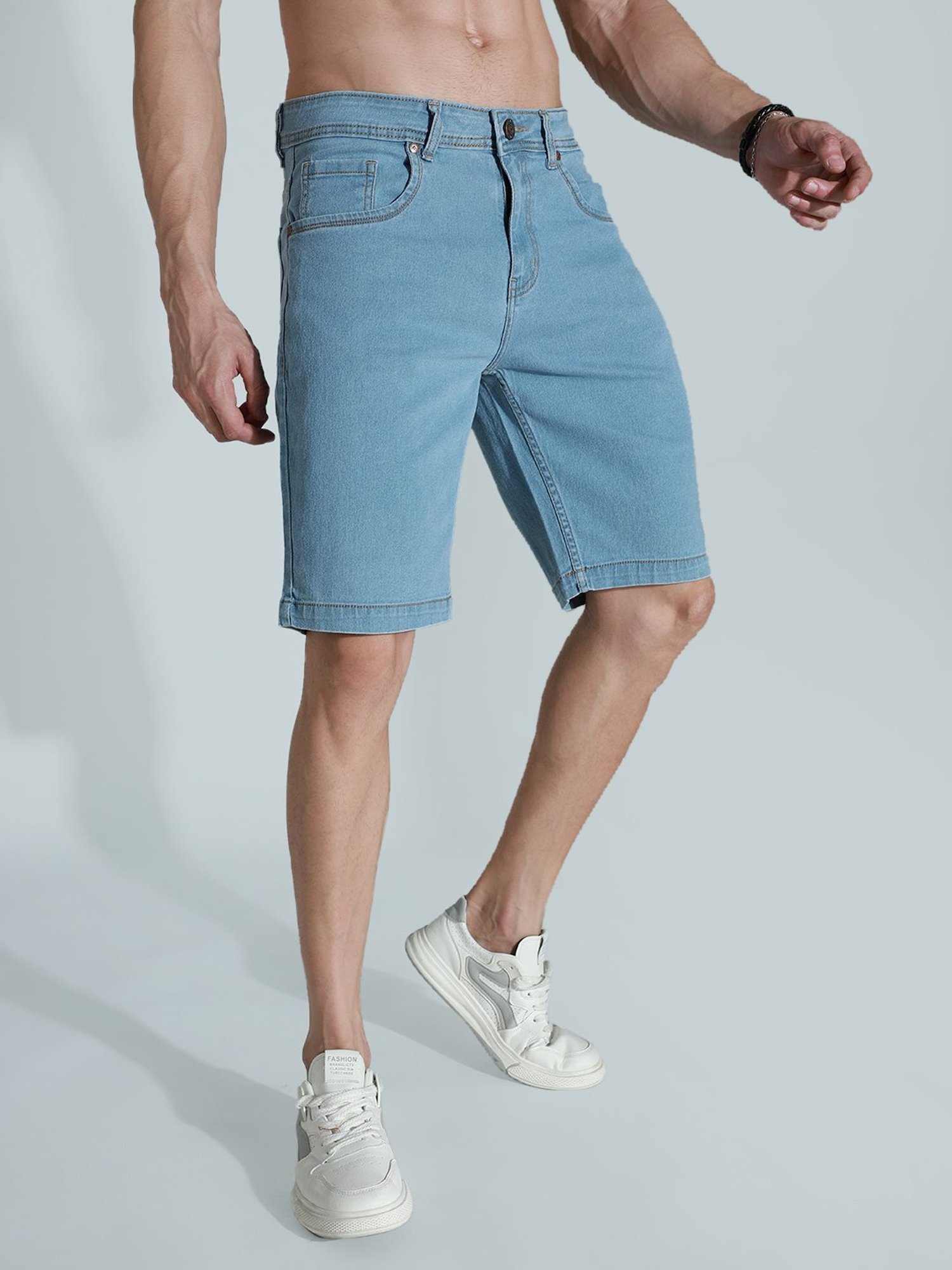 High Star Blue Cotton Regular Fit Denim Shorts