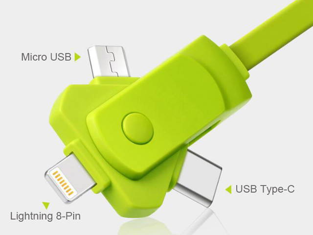 3in1 Rotation Adapter USB Charger Cable (Lightning/Micro USB/Type C USB3.1) for iPhone 7 6 5, Samsung, LG, XiaoMi, Huawei Android Phones and Tablets - Green
