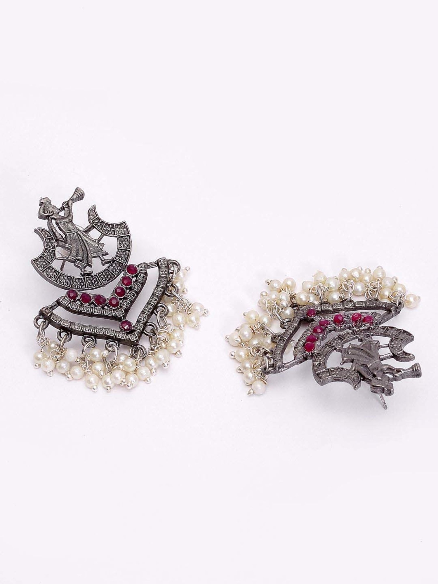 Panash Oxidized Silver-Toned Contemporary Pearl Stud Earrings