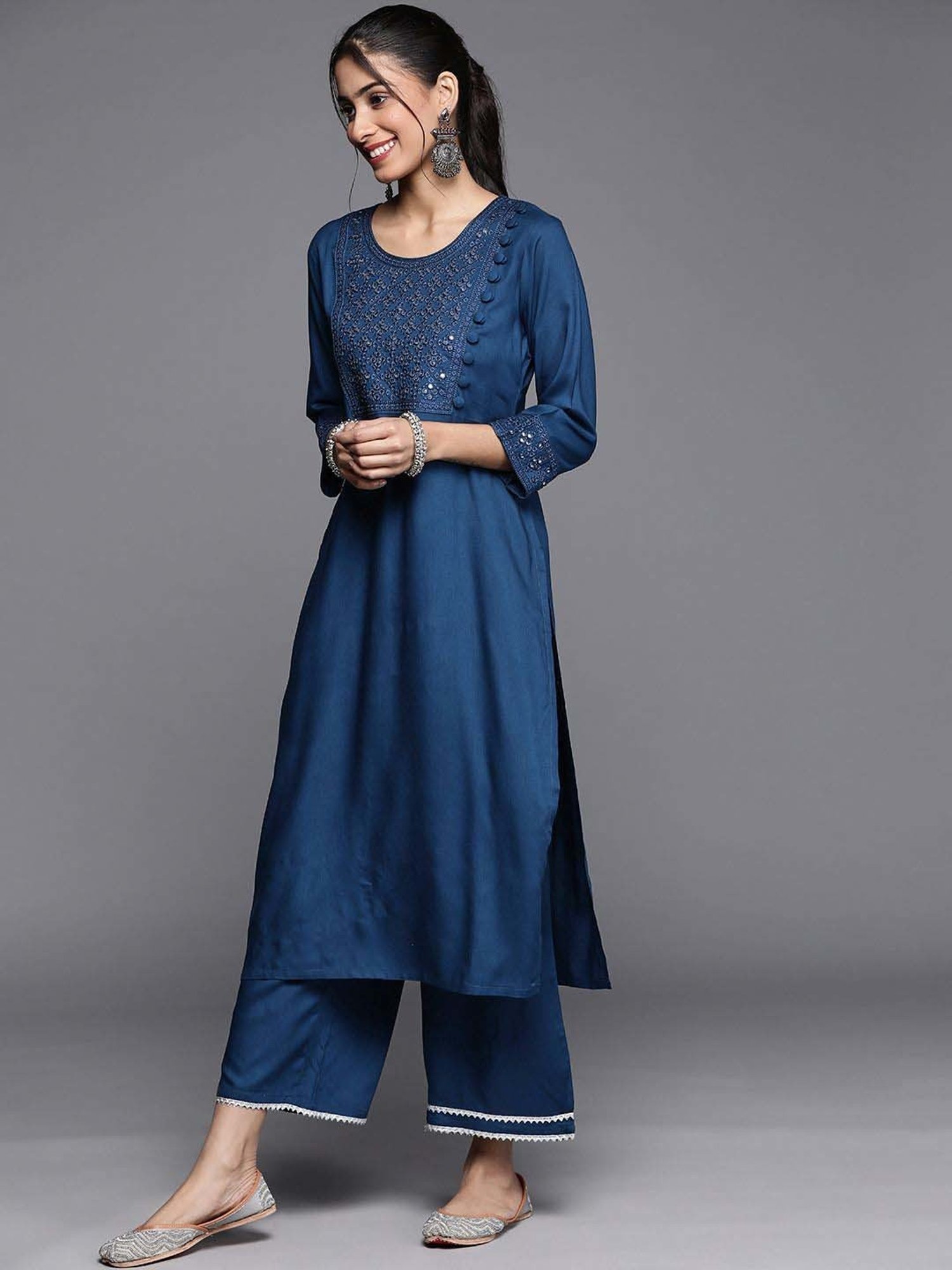 Libas Blue Embroidered Kurta Palazzo Set With Dupatta