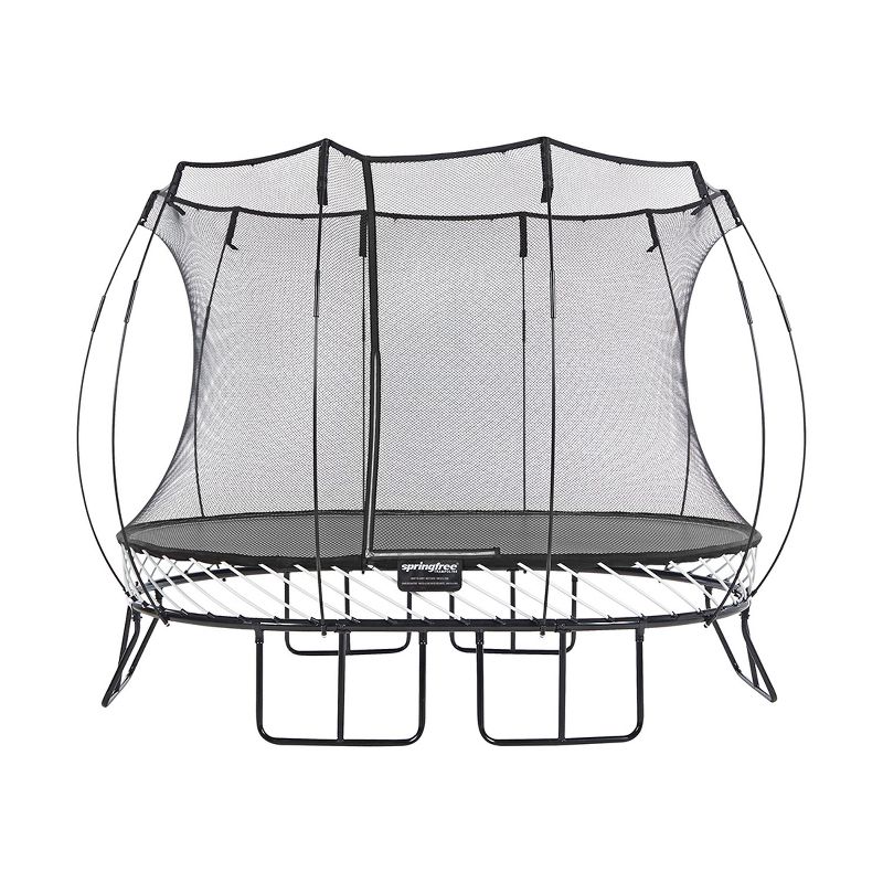 Springfree Outdoor 8 x 13 Foot Oval Jumping Trampoline with Net Enclosure, Basketball Hoop Game, and Step Ladder, Accessories for Backyard, Black