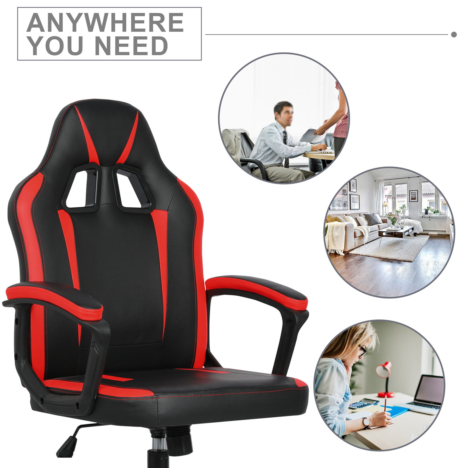 YOUTHUP Office Chair Adjustable Ergonomic Leather Gaming Chair Swivel Rolling Computer Desk Chair with Lumbar Support,Black and Red