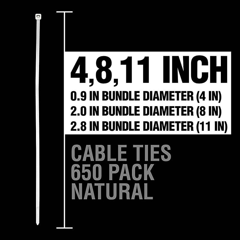 ZipIts Cable Tie Kit 650 Pack Assortment of 4-in, 8-in, 11-in Self Locking Natural Zip Ties, UL Listed, Contractor Quality and Strength