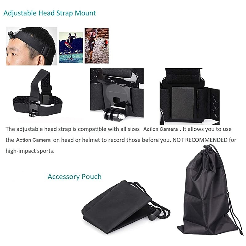 Action Camera Head Strap Chest Harness Belt Mount with Carrying Pouch Compatible with Gopro Hero 8 7 6/AKASO EK7000 Brave 4 V50/Crosstour 4k/Campark/DBPOWER/Dragon Touch Waterproof Camera