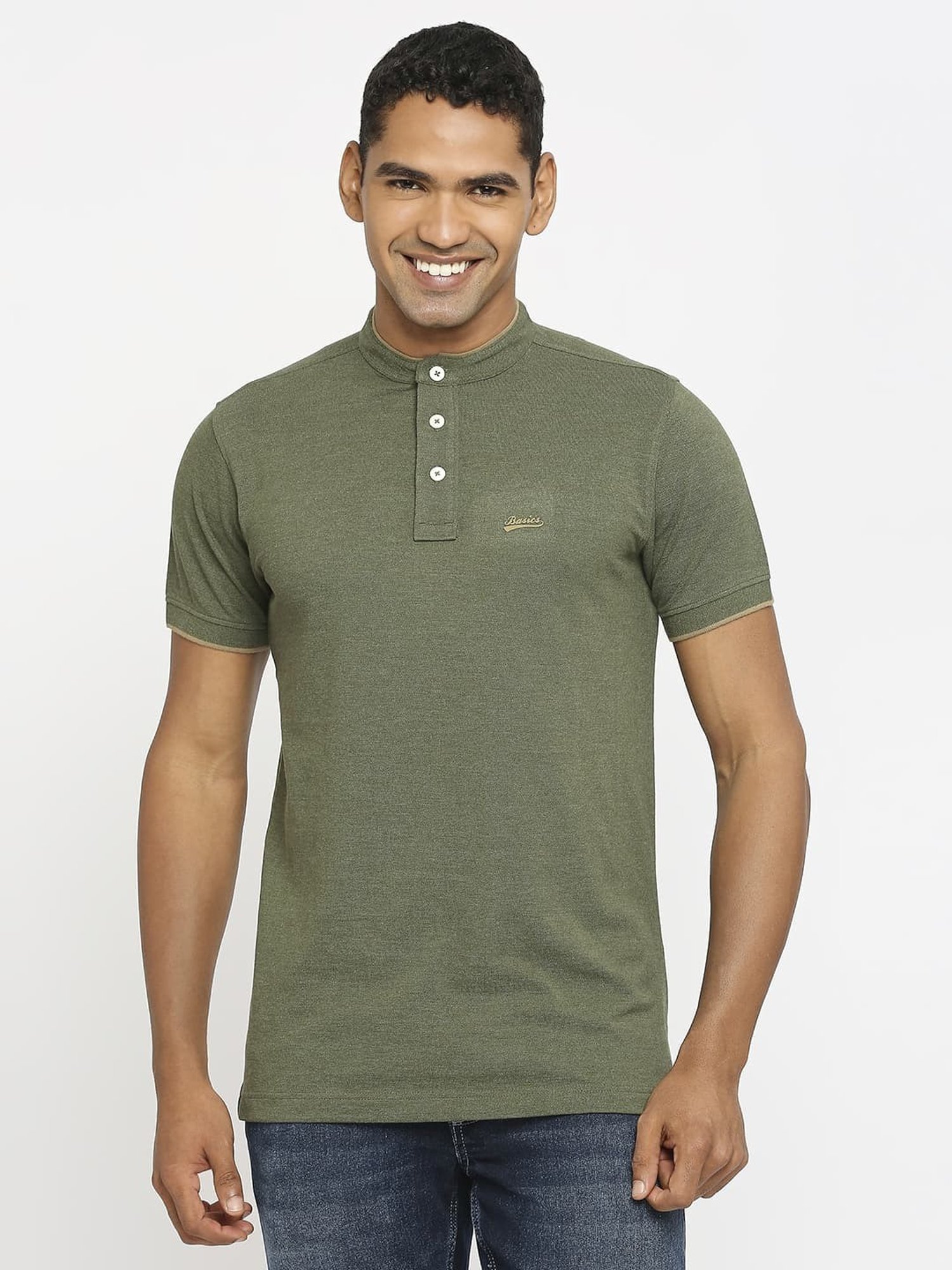 Basics Green Cotton Muscle Fit Henley T-Shirt