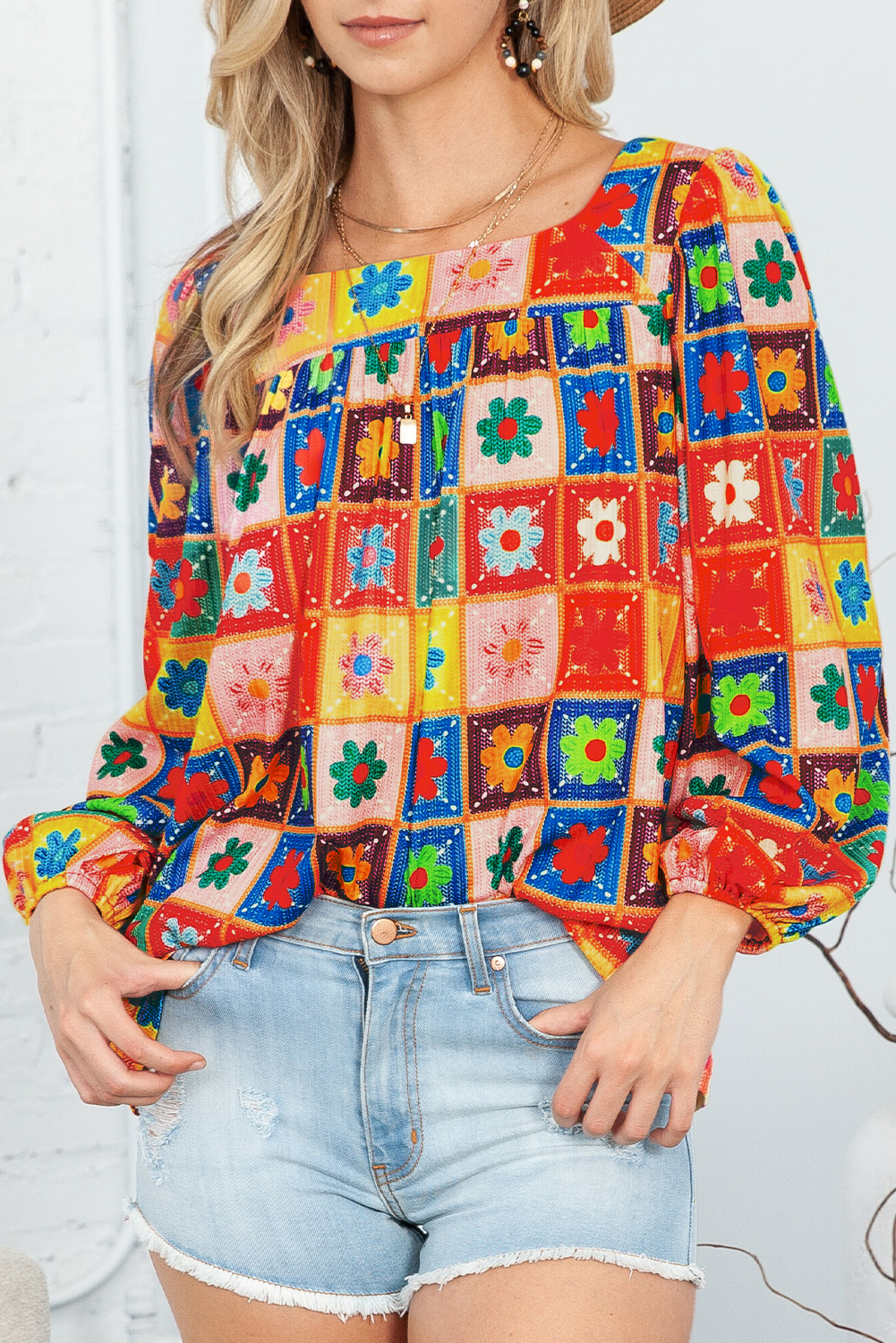 Multicolor 60s Flower Pattern Lantern Sleeve Square Neck Top