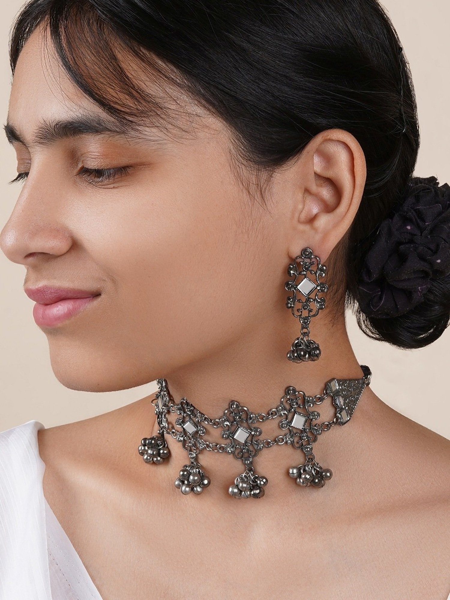 Teejh Ethnic Gangol Ghungroo Silver Oxidized Necklace Set for Women