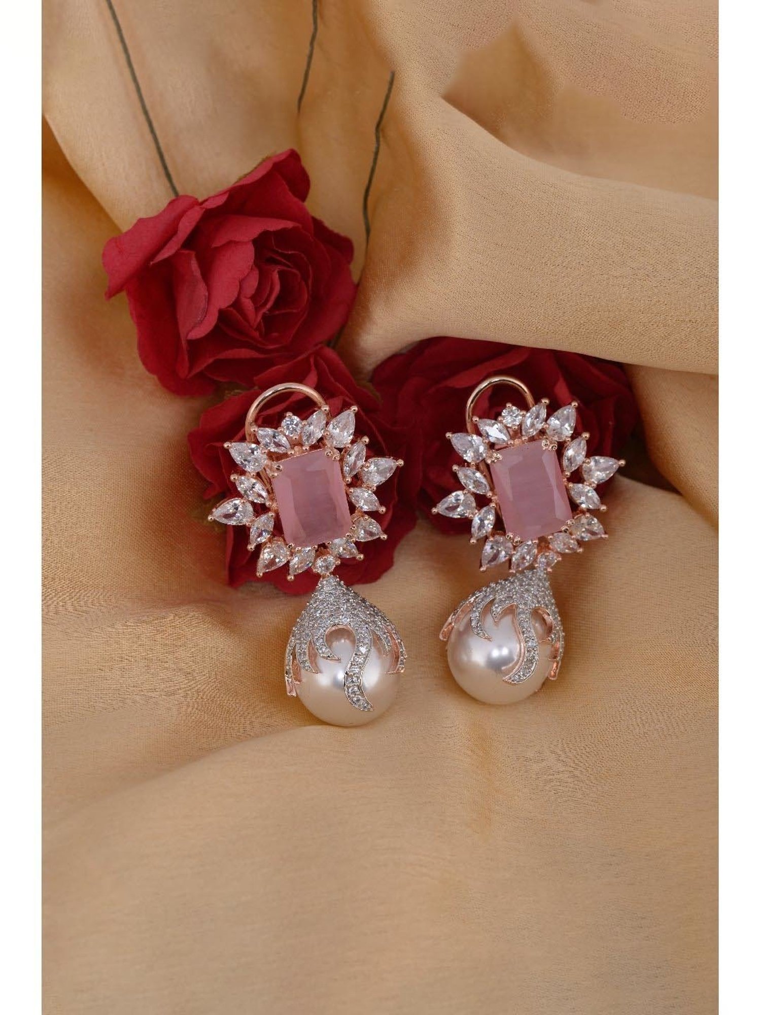Saraf RS Jewellery Royal Pink Pearl studded drop Earrings