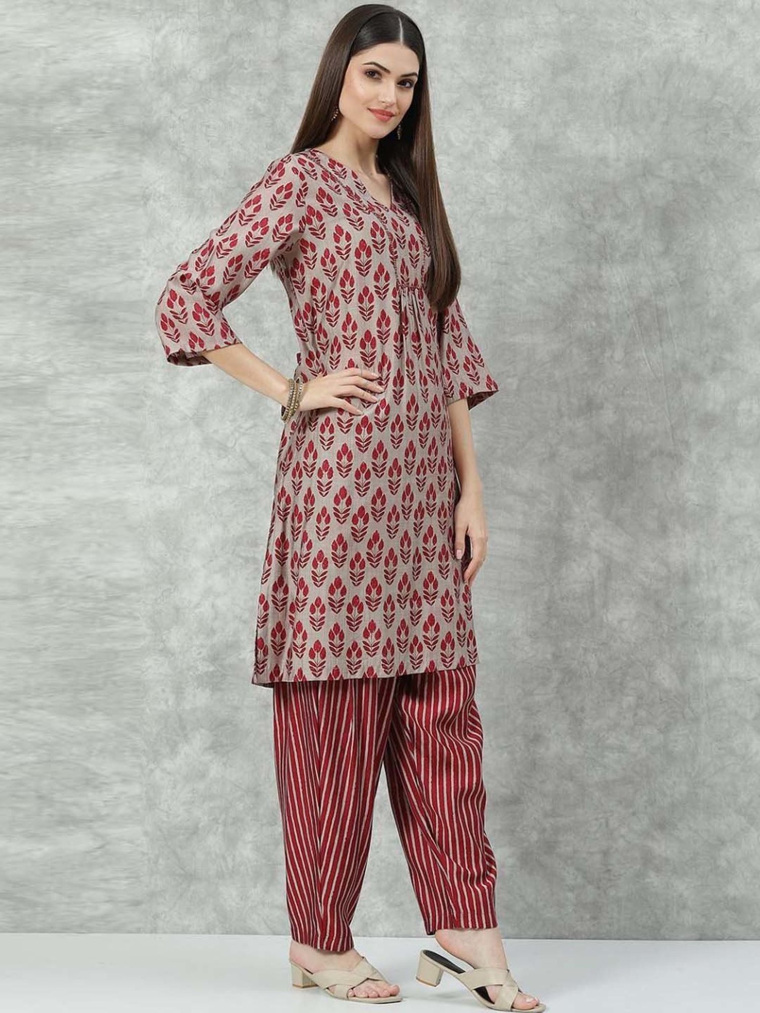 Biba Grey & Maroon Printed Kurti Pant Set