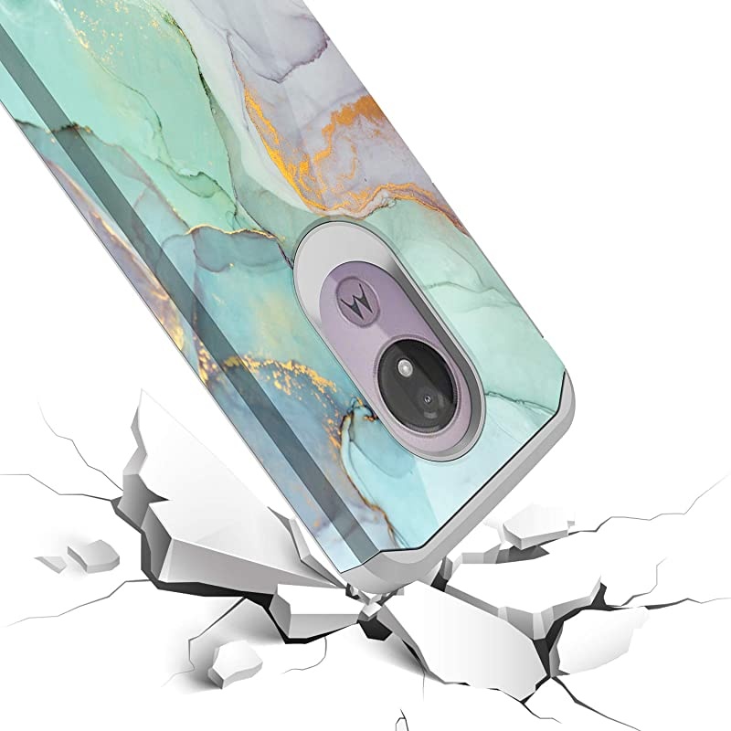 for Moto G7 Power Case, Moto G7 Supra Case, Hybrid Drop Protection Sleek Slim Dual Layer Shockproof Colorful Graphic Armor Case for LG Moto G7 Power/Supra (Green Marble)