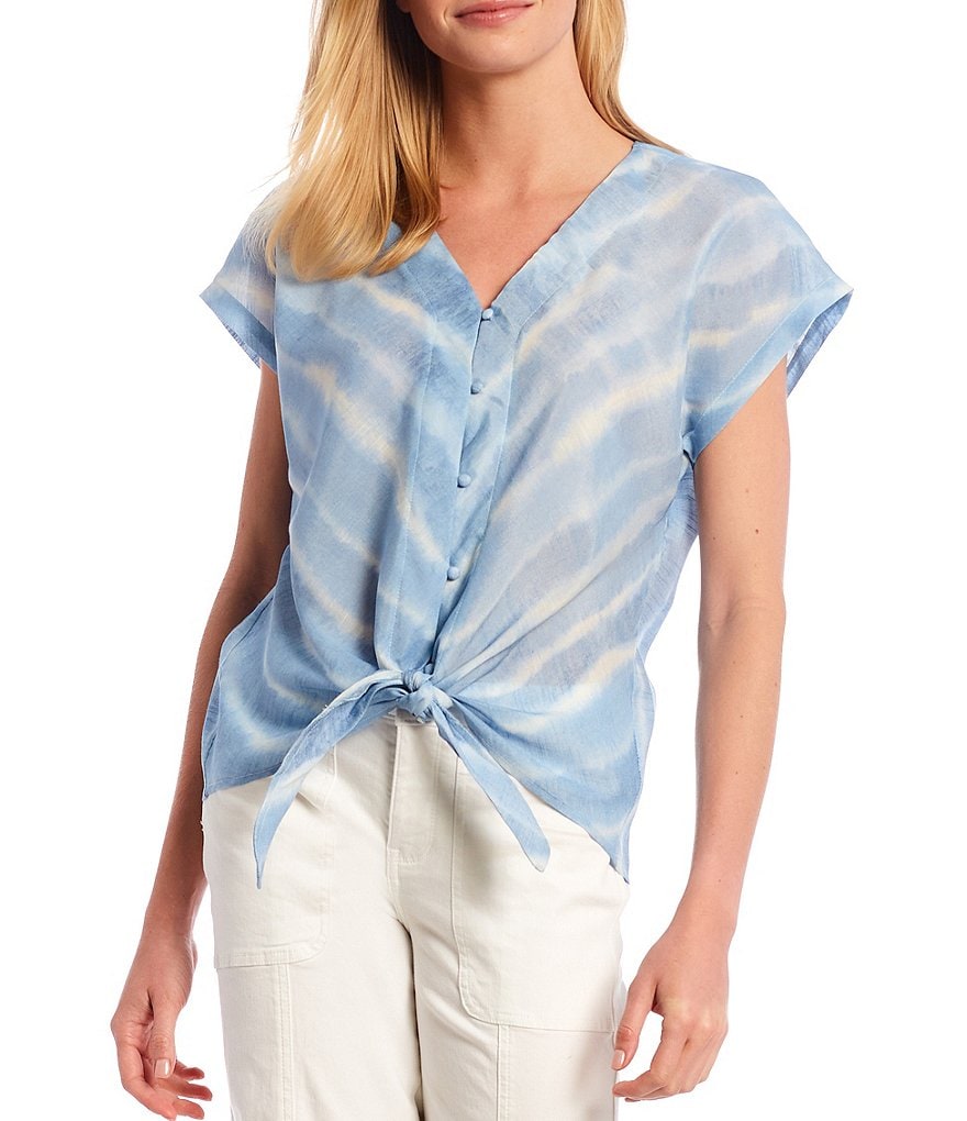 Bobeau Lucille Blue Water Print V-Neck Short Sleeve Button Down Tie-Front Top