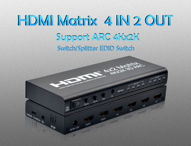 HDMI 4X2 matrix switcher HDMI splitter supports ARC 4Kx2K SPDIF coaxial stereo headphone audio output, with 5V power adapter