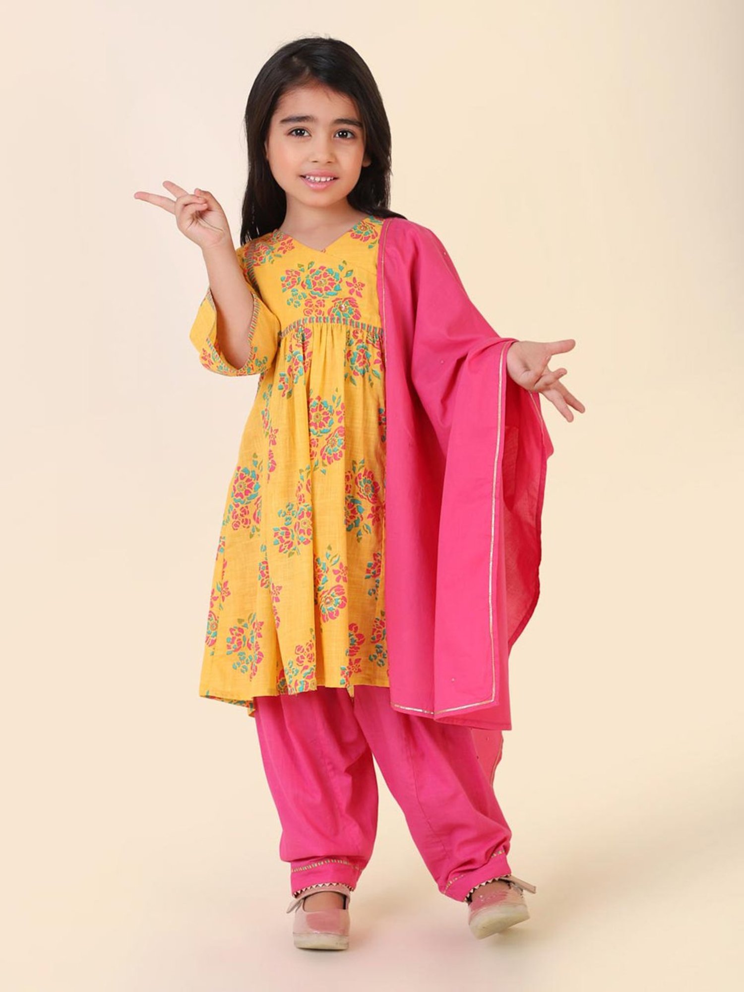 Fabindia Kids Yellow & Pink Floral Print Kurta, Salwar with Dupatta