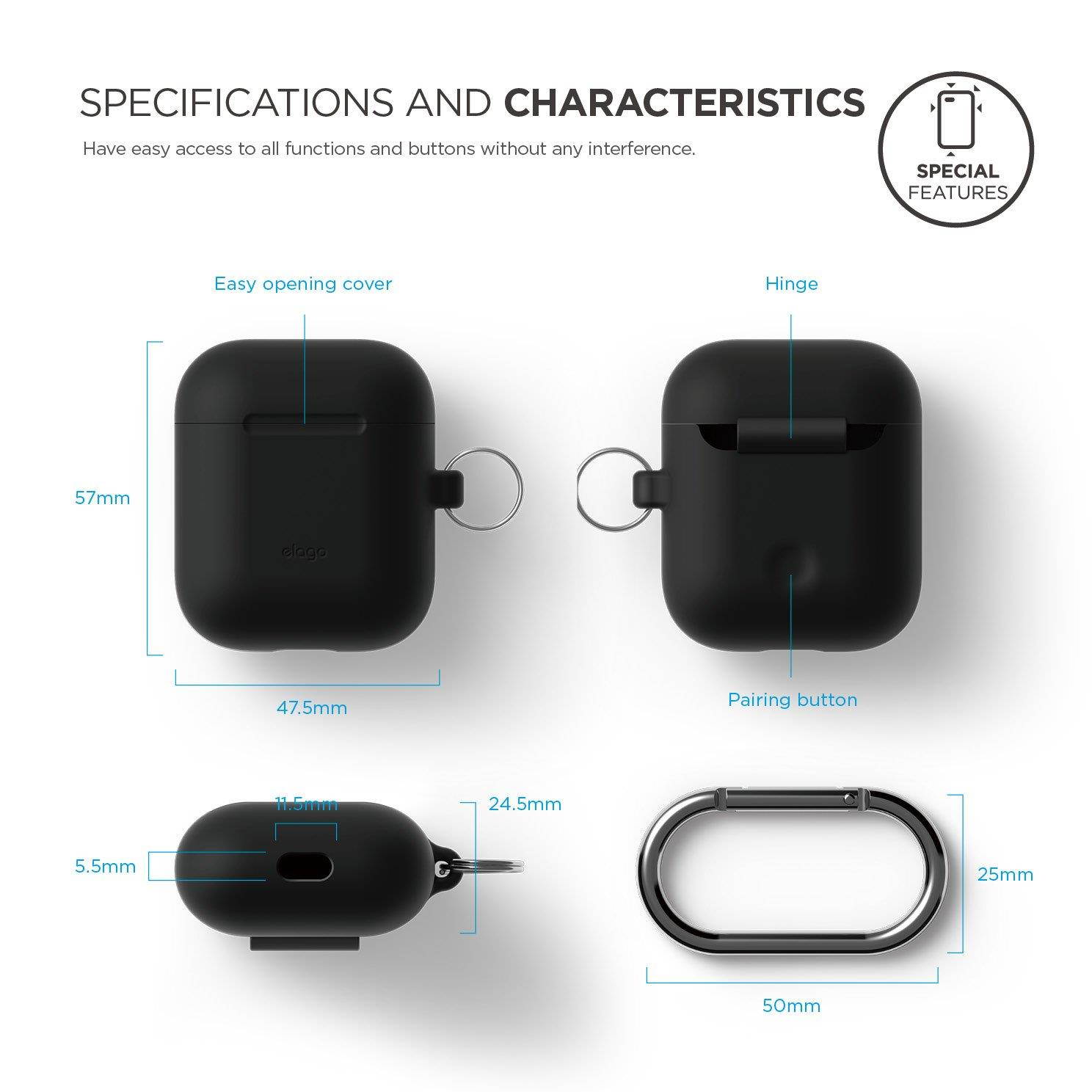 elago AirPods Hang Case [Black] - [Extra Protection] [Added Carabiner] - for AirPods Case