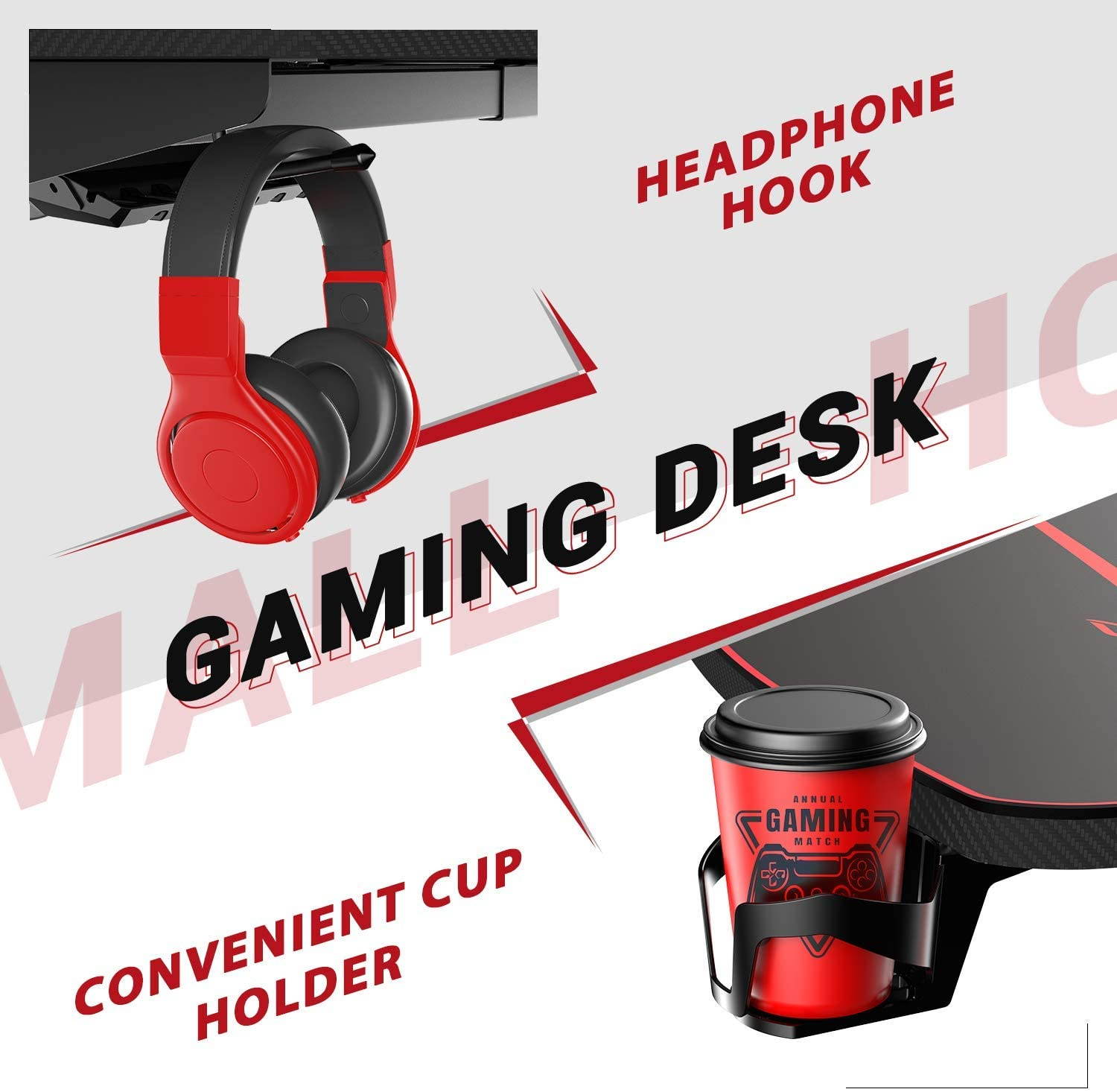 Homall 55 Inch Ergonomic Gaming Desk PC Computer Desk Home Office Table T-shaped Frame Table for Pressional Game Lover with Free Mouse Pad, Headphone Hook, Game Handle Rack and Cup Holder (Black)
