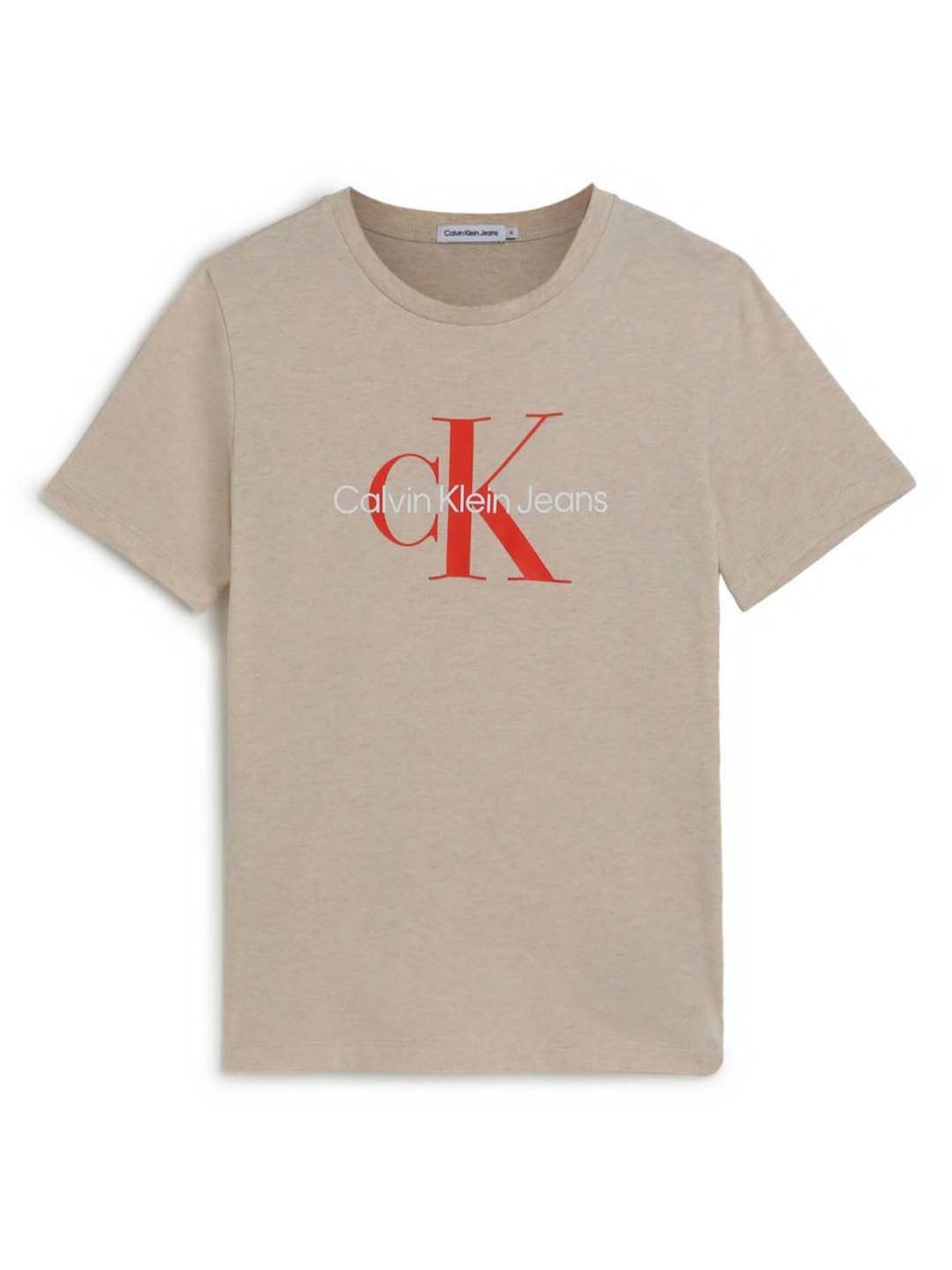 Calvin Klein Jeans Boys Heather Beige Logo Regular Fit T-Shirt