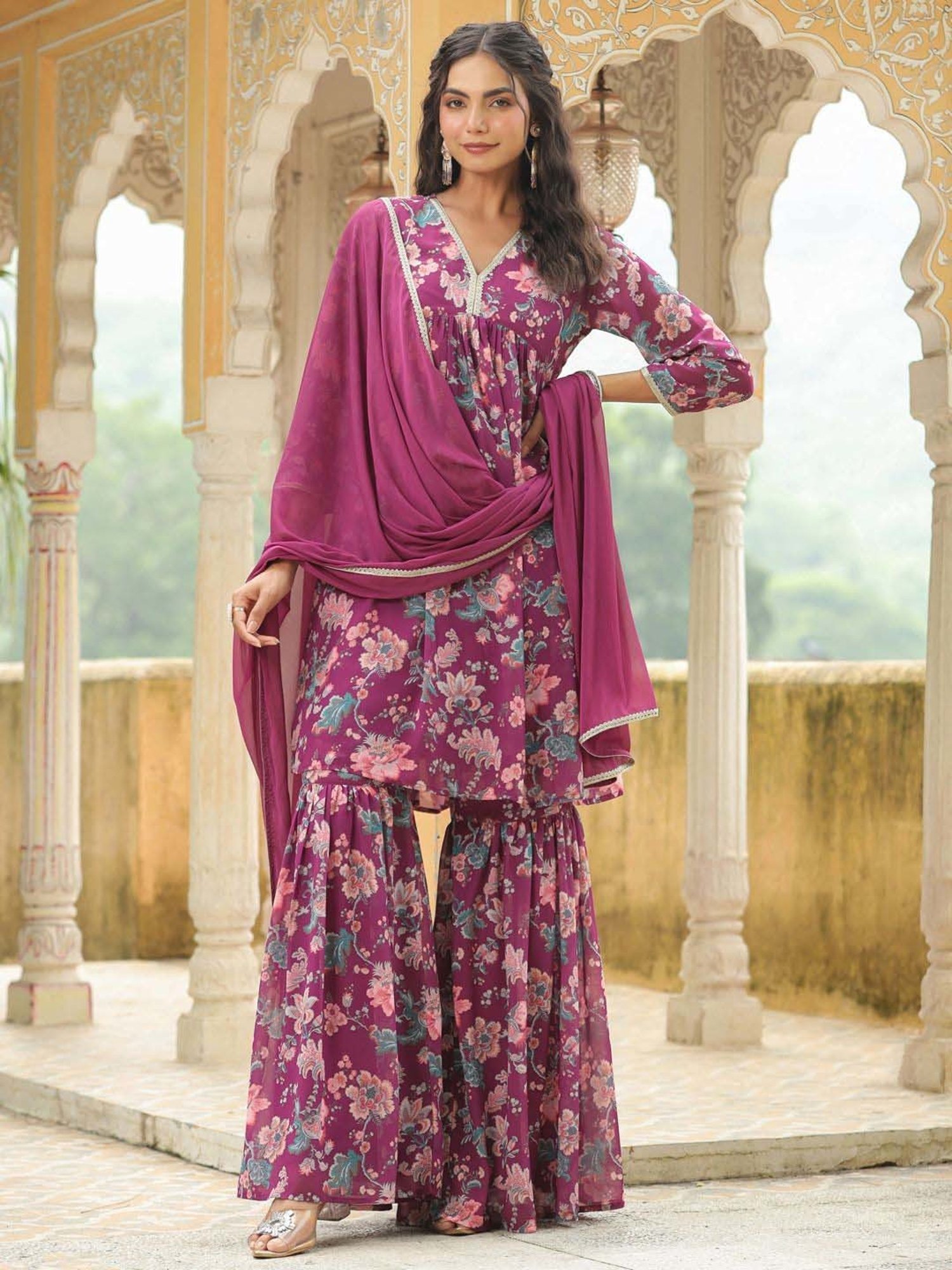 Janasya Purple Printed Kurti Sharara Set With Dupatta
