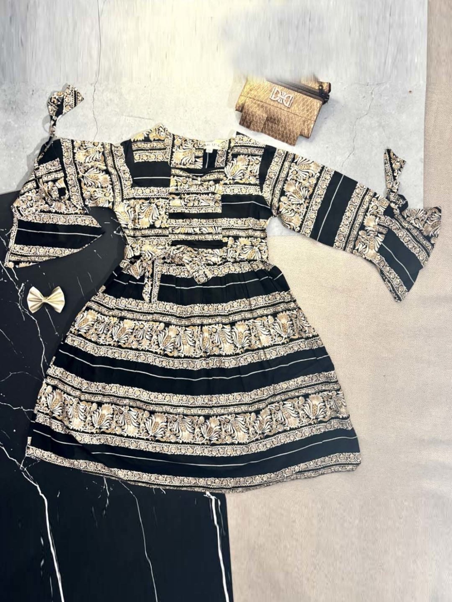 Bella Moda Kids Black & Cream Cotton Printed Full Sleeves Dress