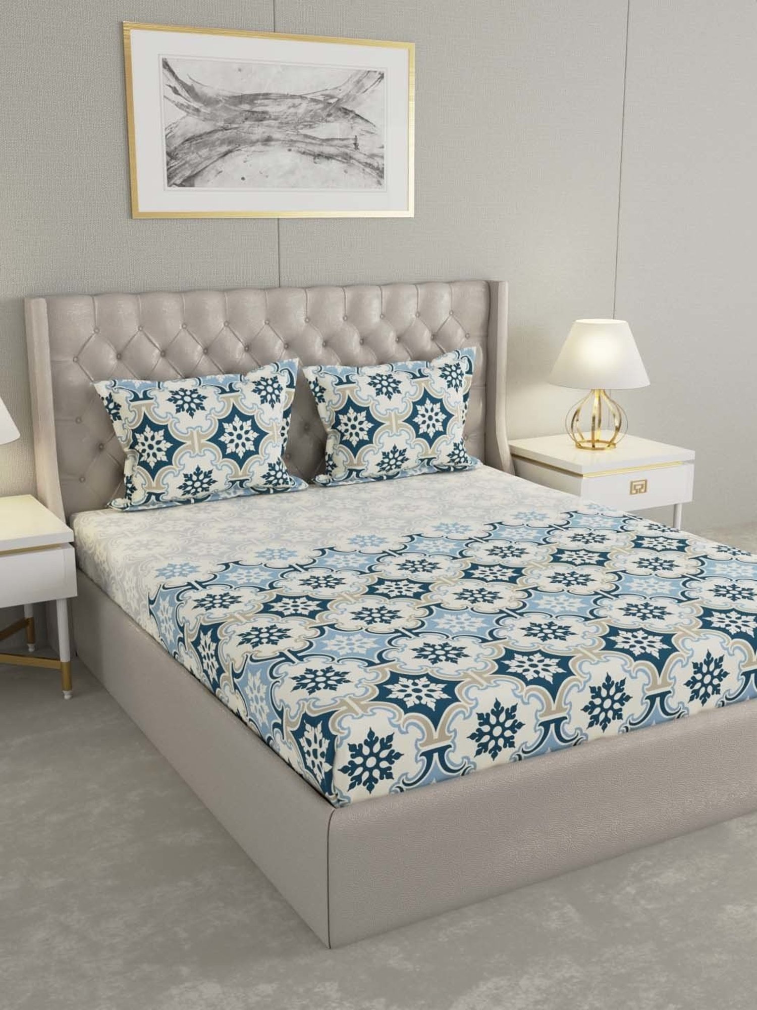 Raymond Home Shubham Blue 120 TC Cotton King Bedsheet with 2 Pillow Covers