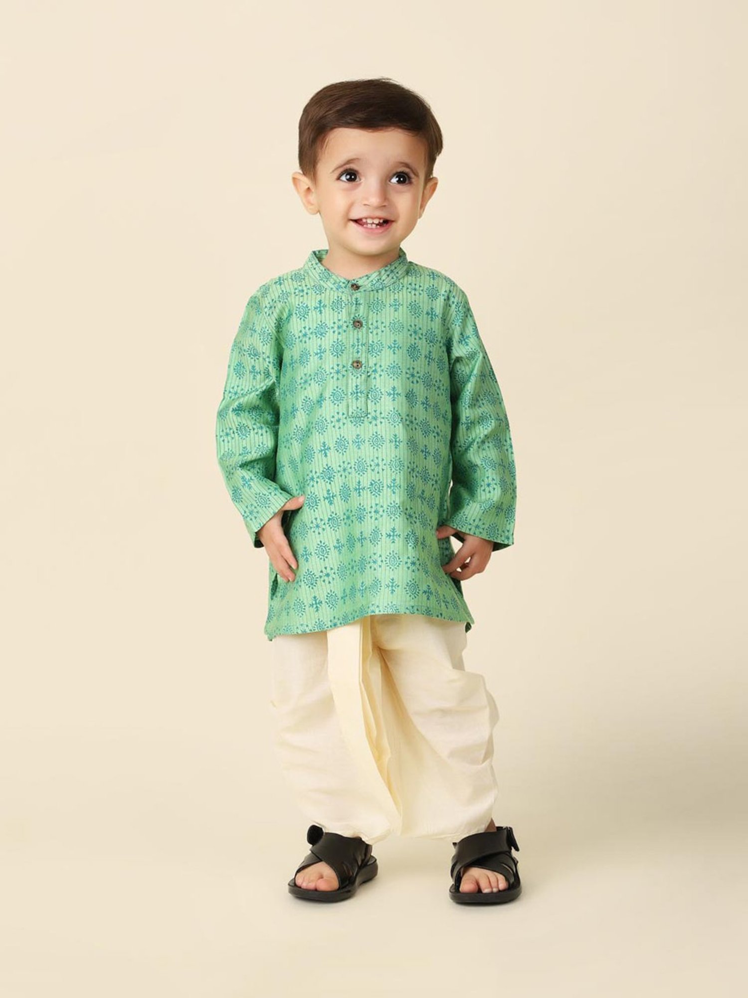 Fabindia Kids Mint Green & Beige Printed Full Sleeves Kurta with Dhoti