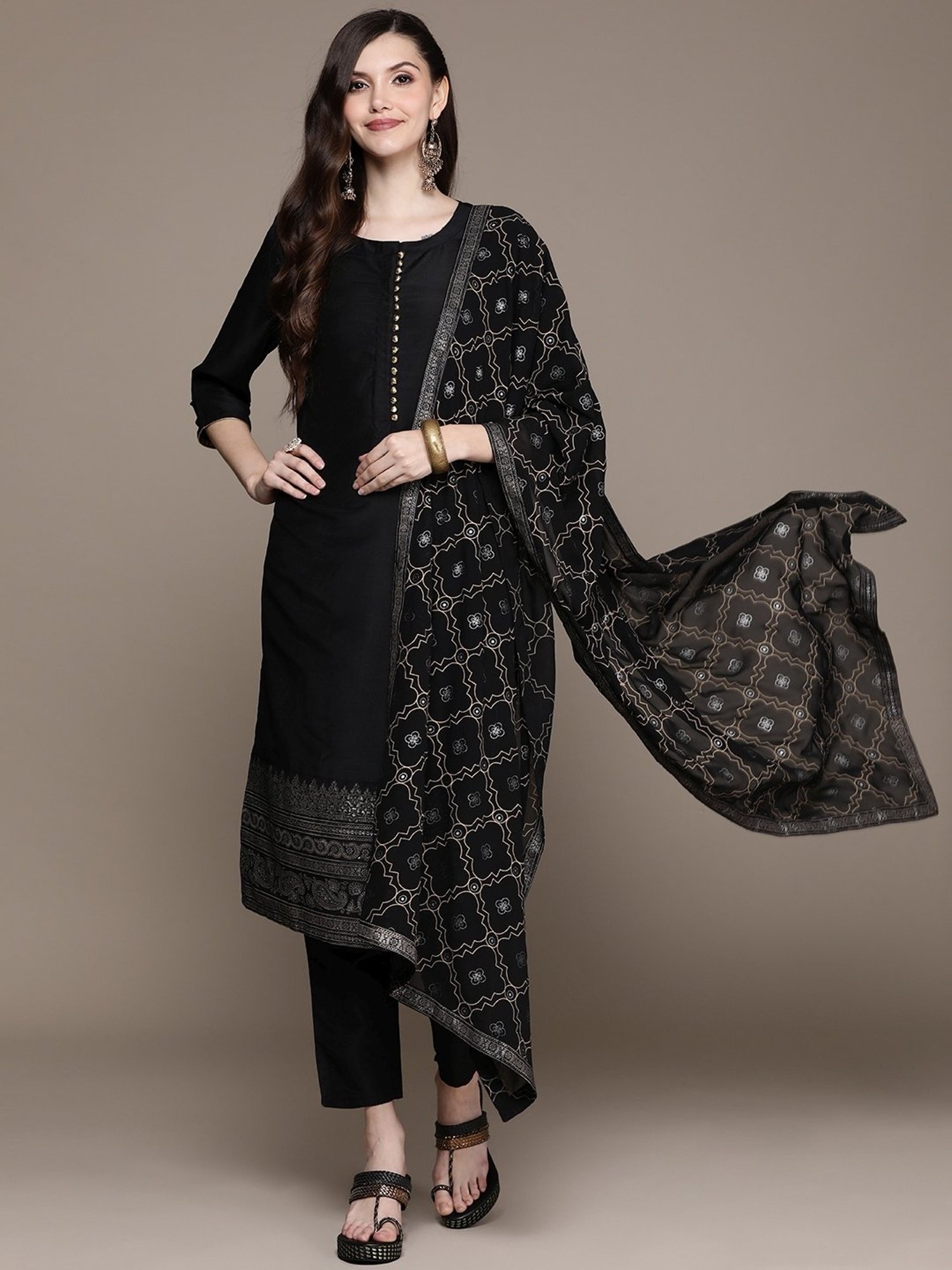 Ziyaa Black Woven Pattern Kurta Pant Set With Dupatta