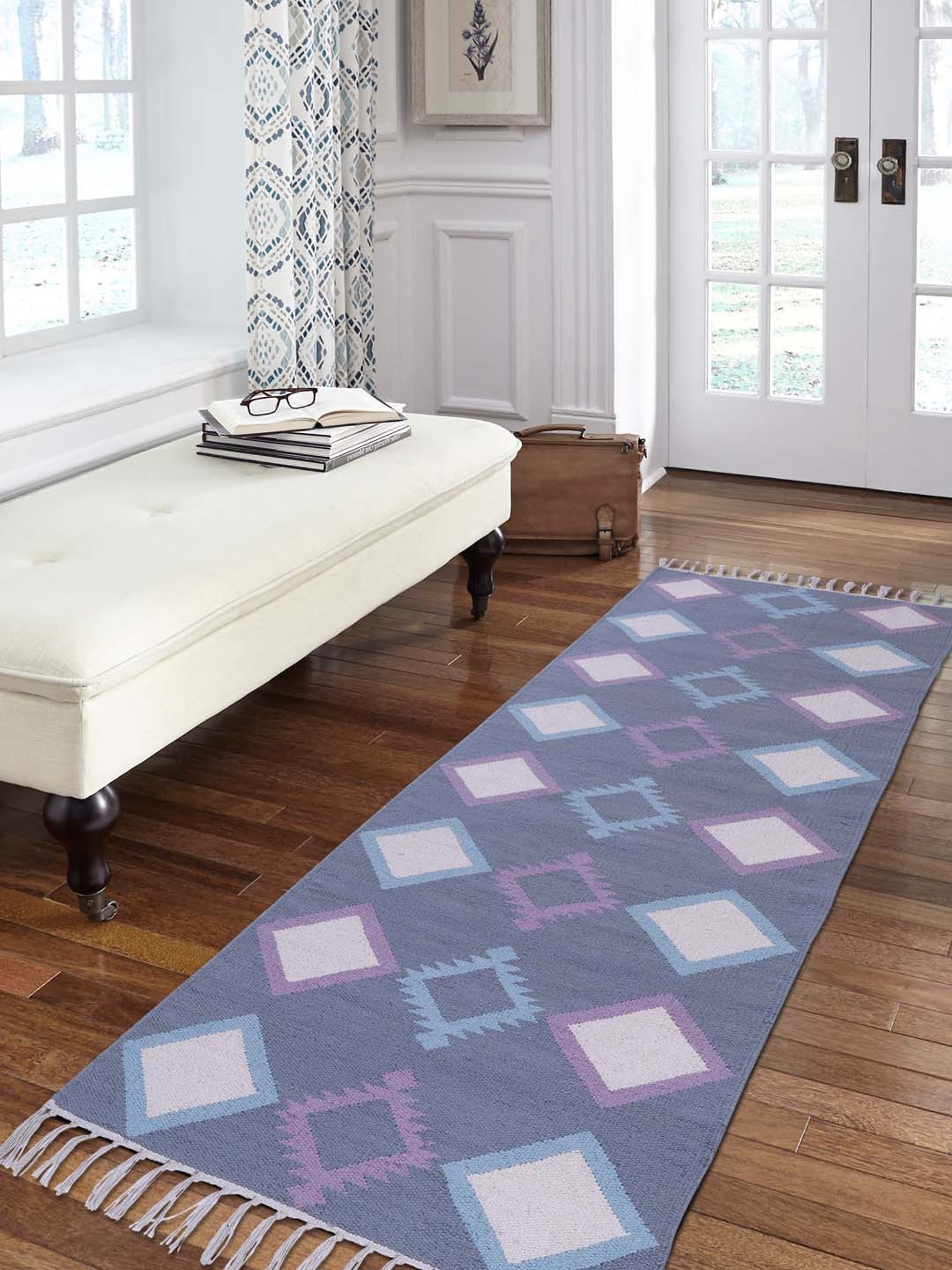 Pequra Blue Cotton Floor Covering Mughal Runner Rug