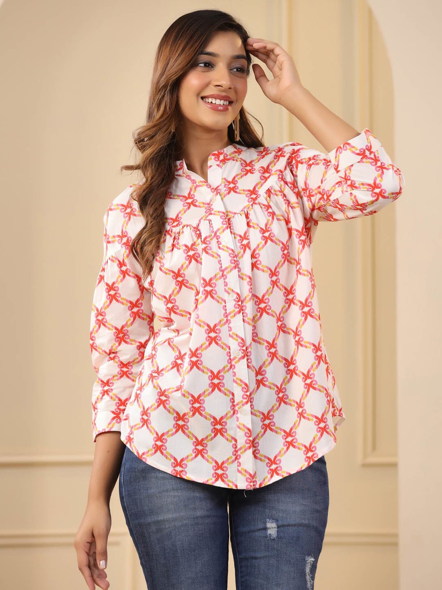 Jaipur Kurti Orange & White Cotton Printed Top